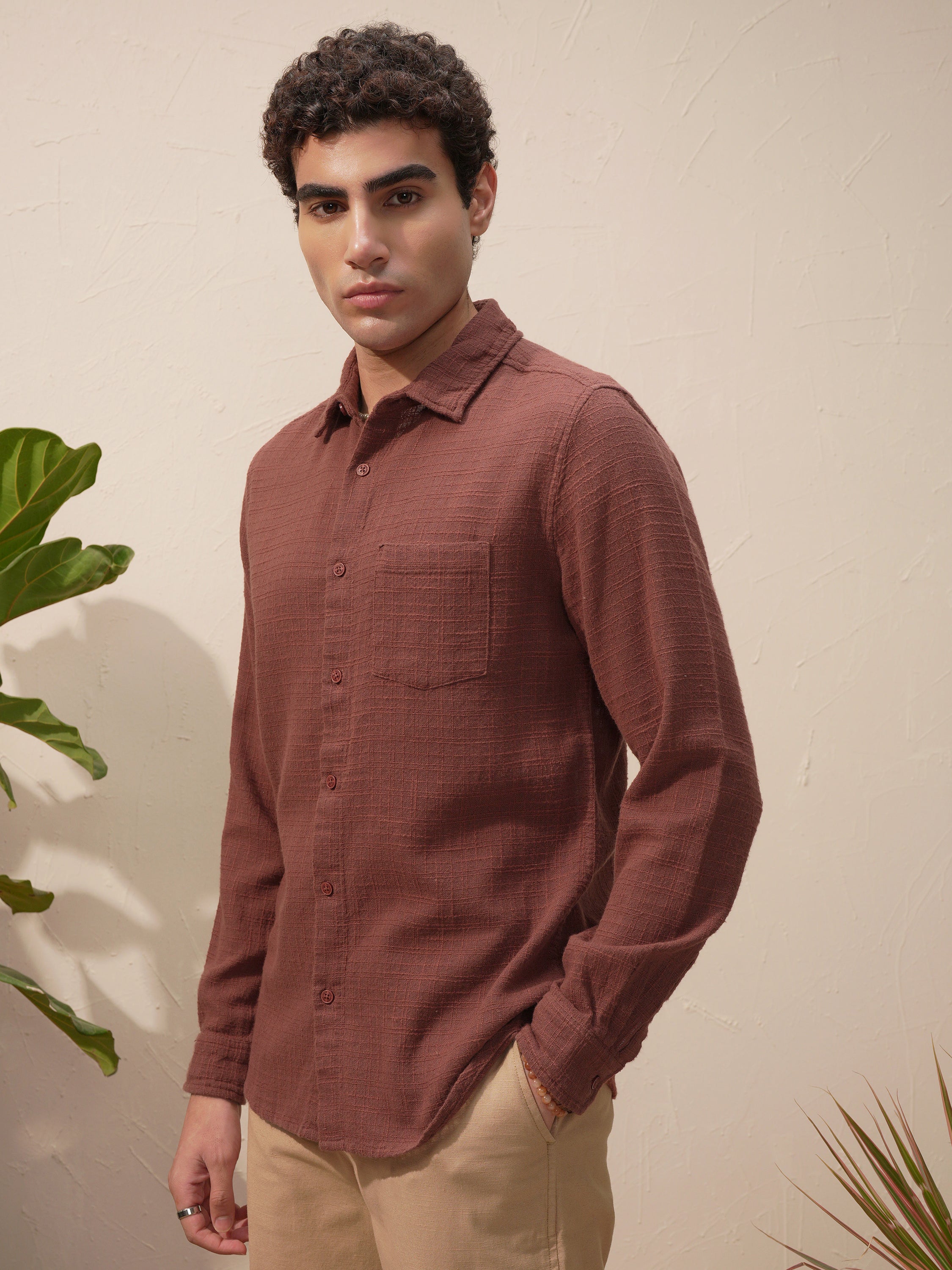 Highlander Men Brown Self Design Slim Fit Casual Shirt - Brown - Image 4