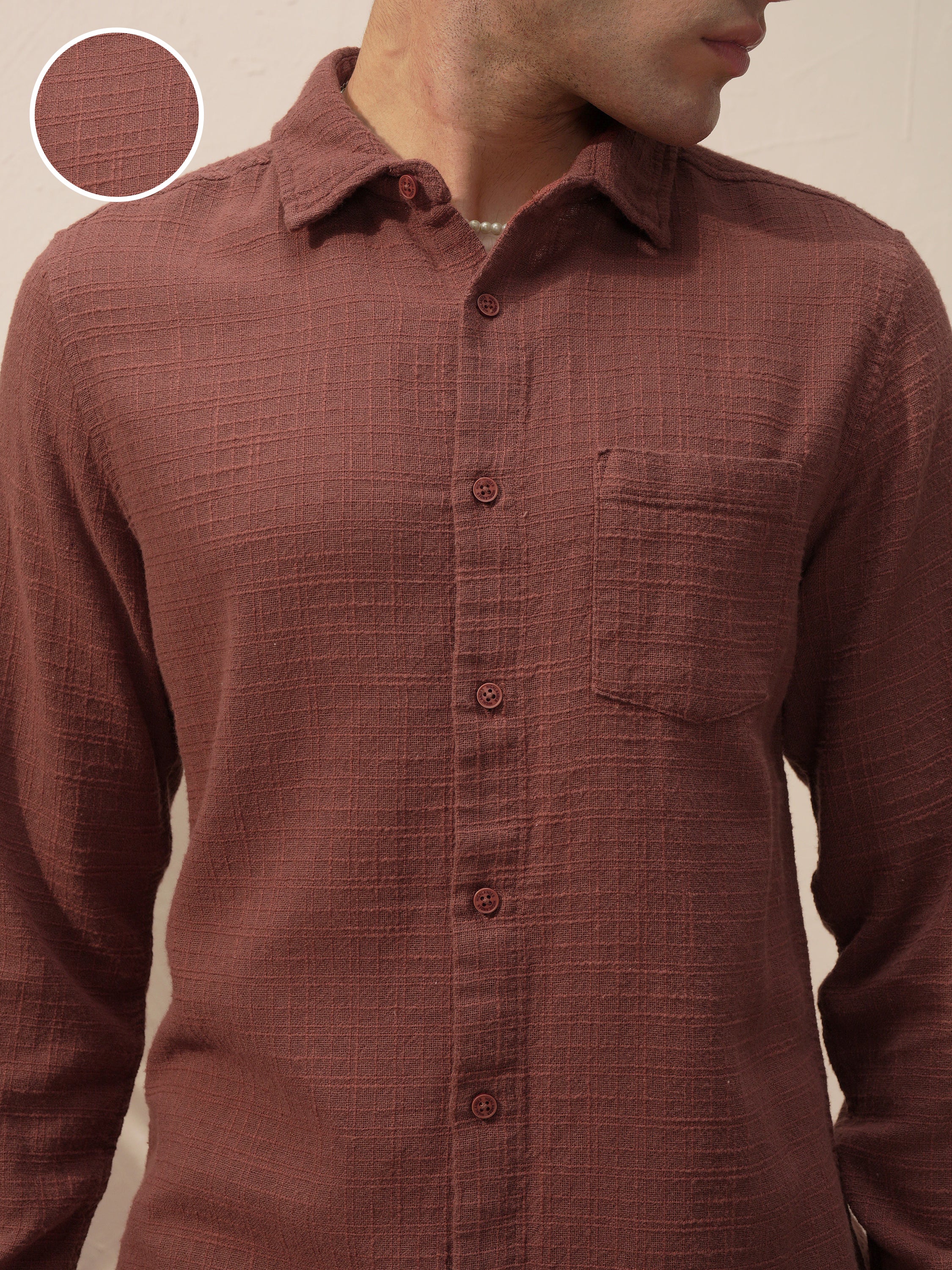 Highlander Men Brown Self Design Slim Fit Casual Shirt - Brown - Image 5