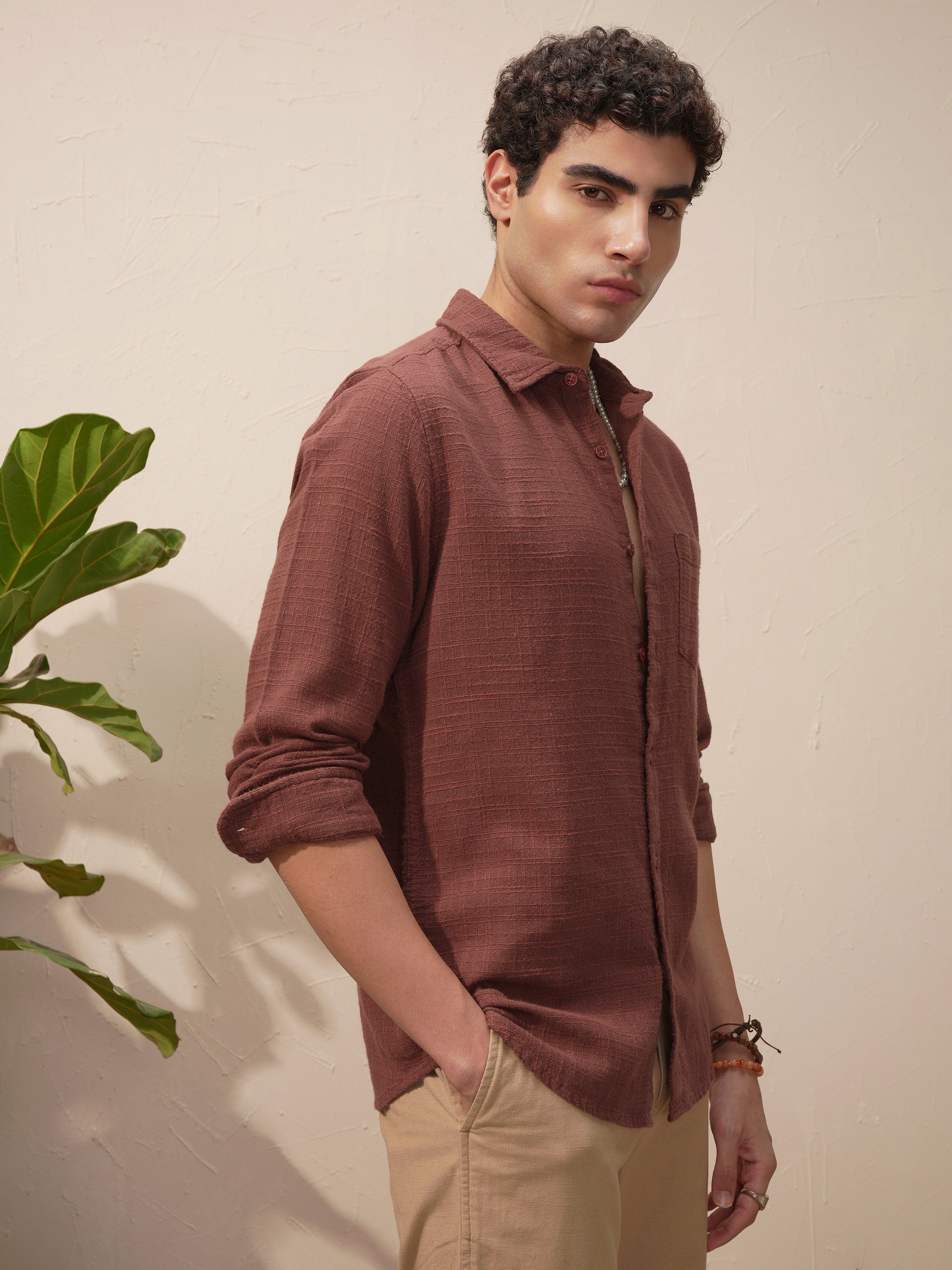 Highlander Men Brown Self Design Slim Fit Casual Shirt - Brown - Image 6