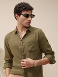 Highlander Men Olive Self Design Slim Fit Casual Shirt - Olive - Image 1