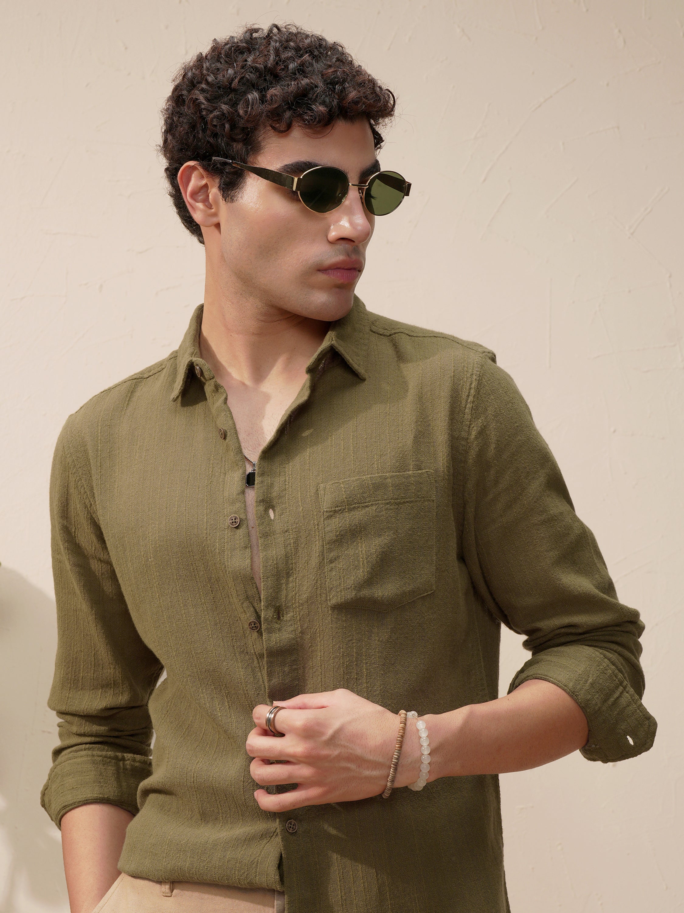 Highlander Men Olive Self Design Slim Fit Casual Shirt - Olive - Image 1