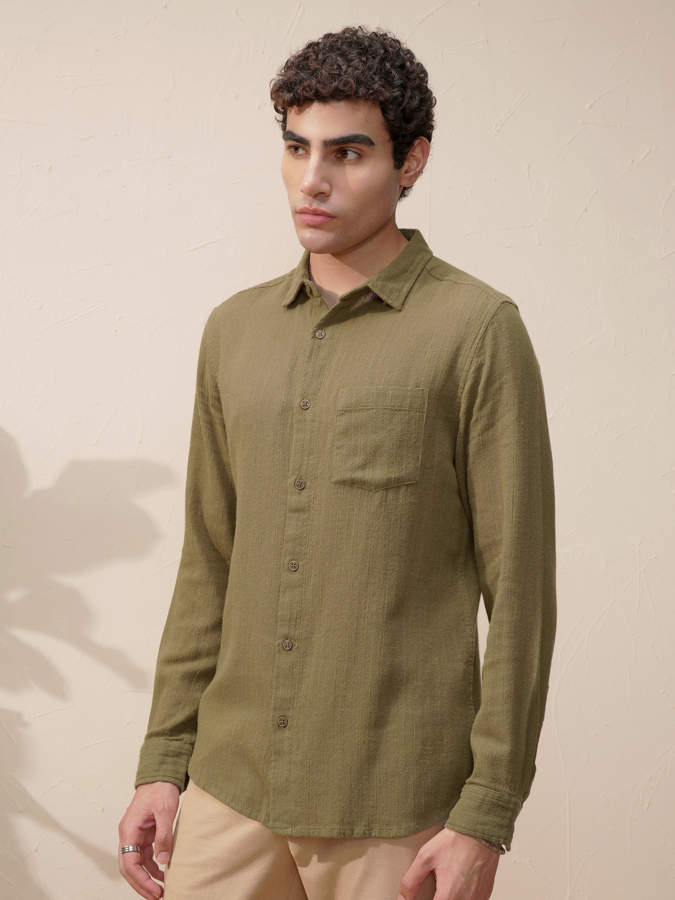 Highlander Men Olive Self Design Slim Fit Casual Shirt - Olive - Image 4