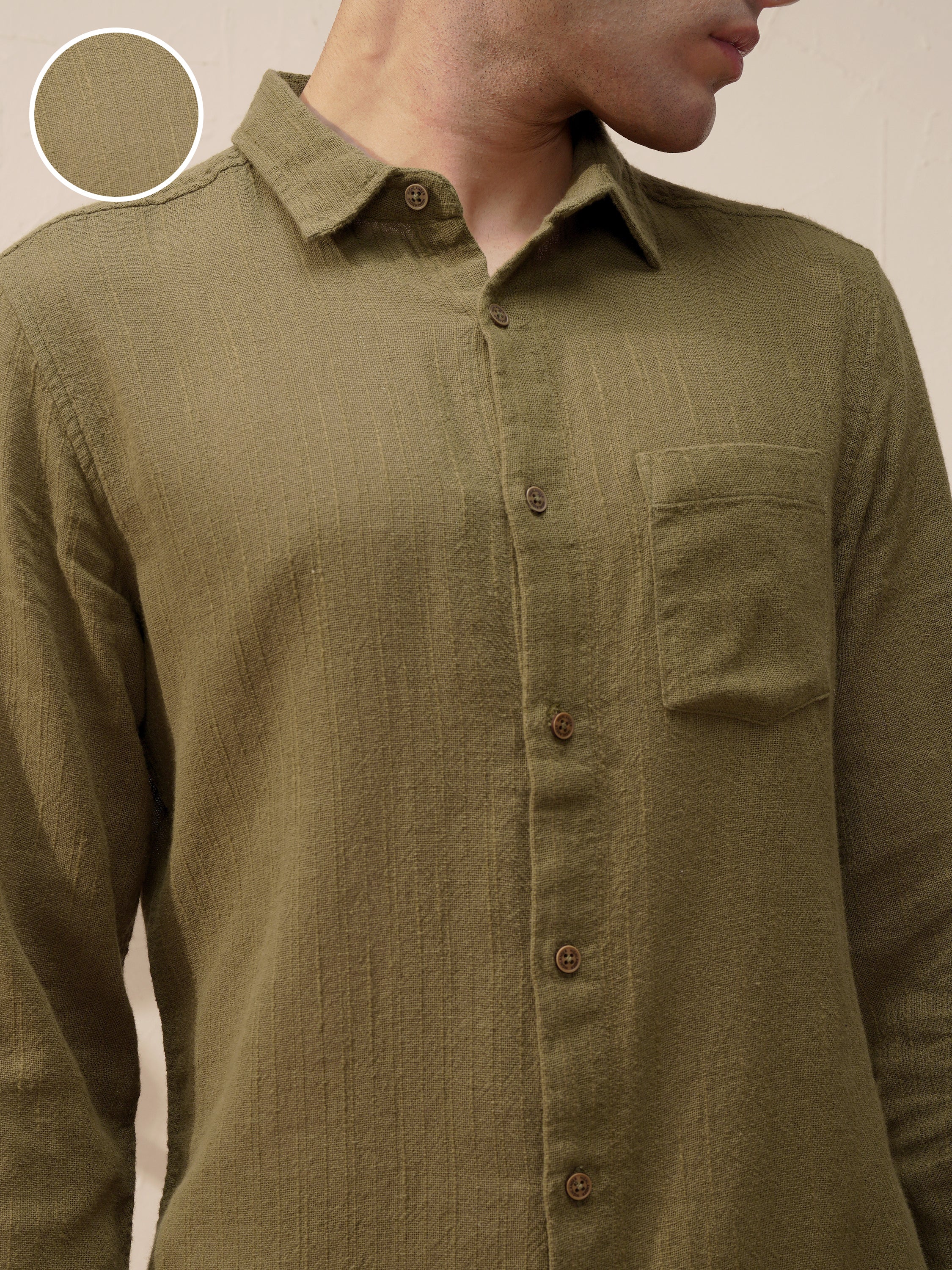 Highlander Men Olive Self Design Slim Fit Casual Shirt - Olive - Image 5