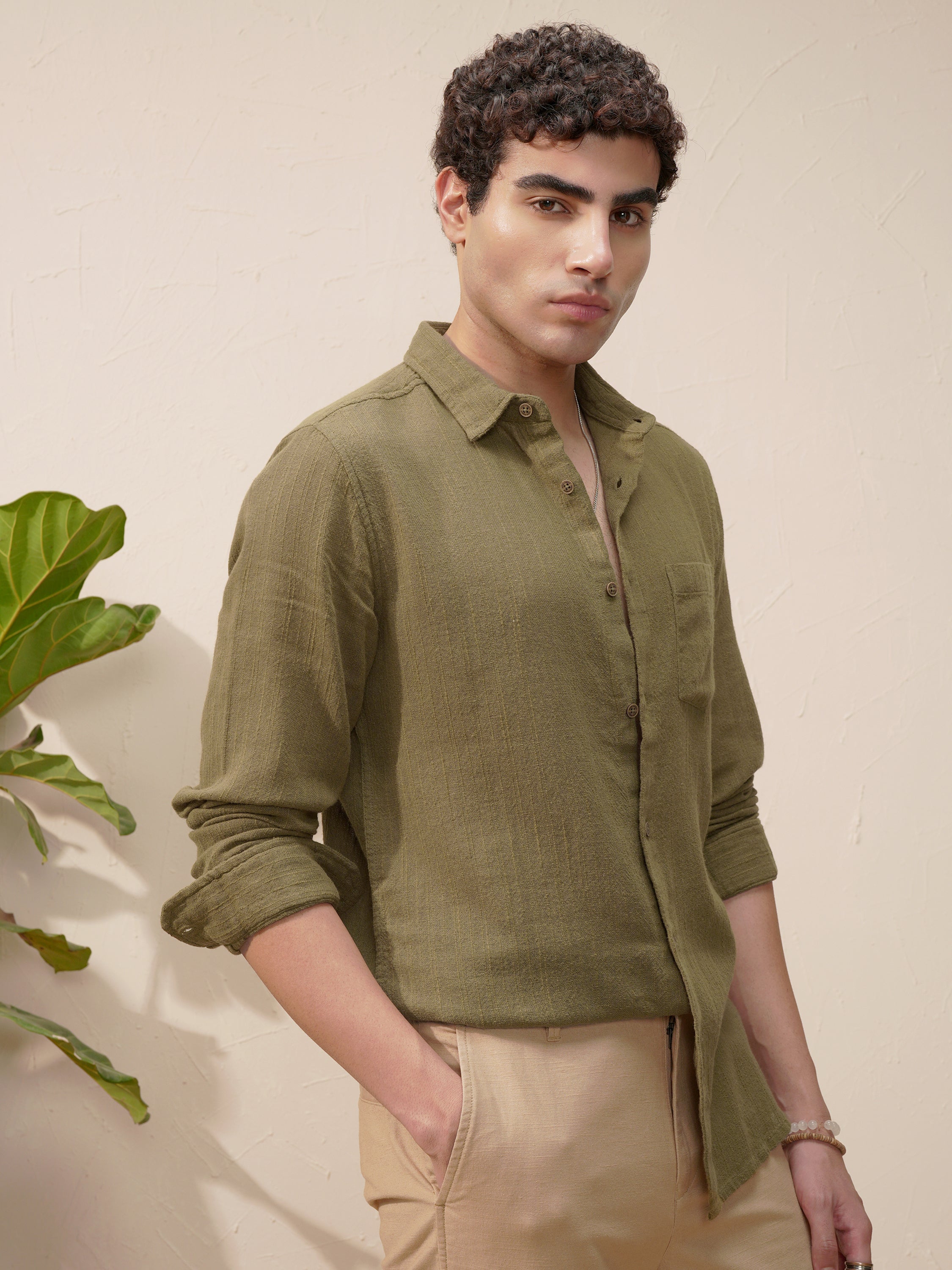 Highlander Men Olive Self Design Slim Fit Casual Shirt - Olive - Image 6