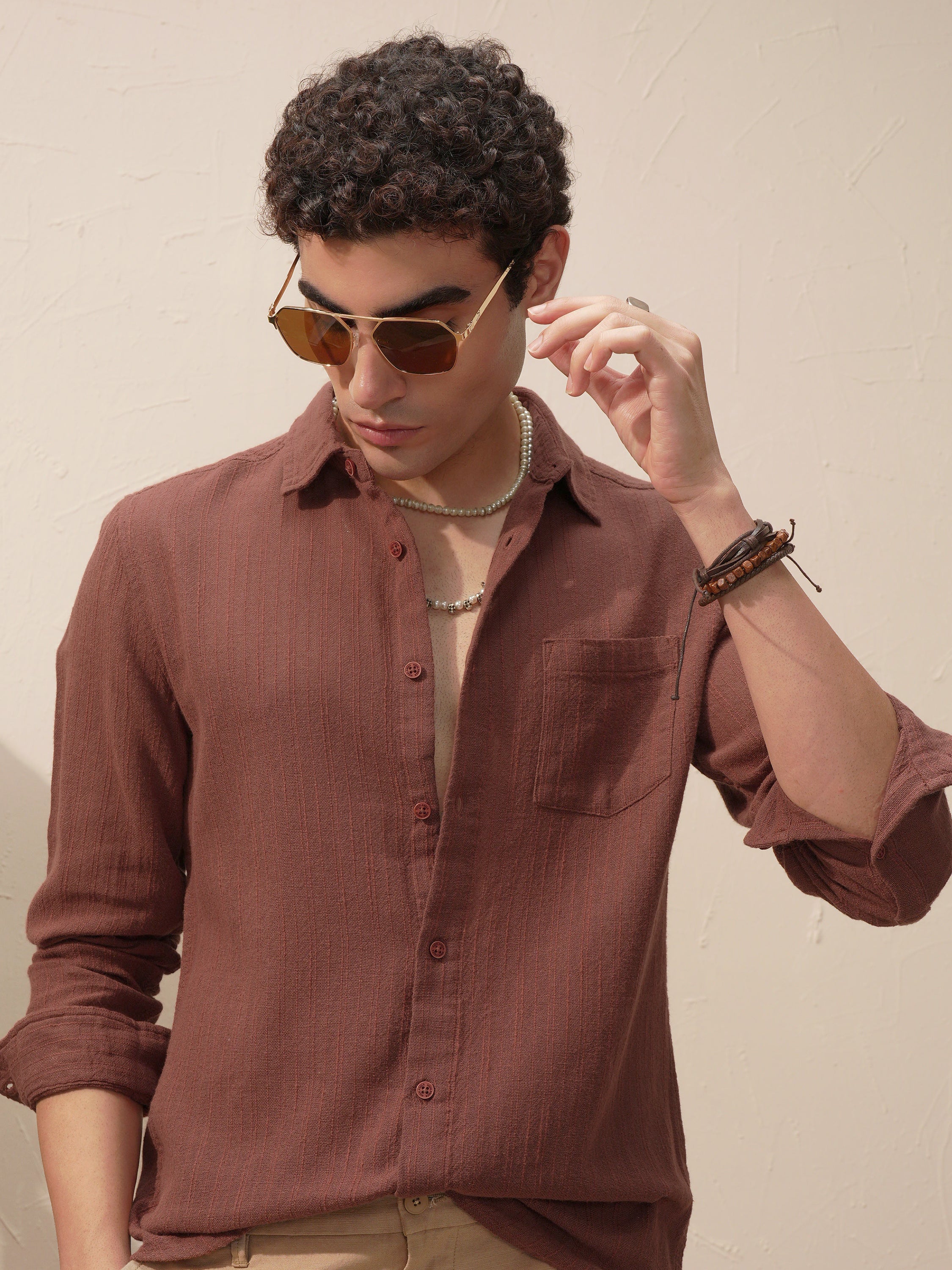 Highlander Men Brown Self Design Slim Fit Casual Shirt - Brown - Image 1
