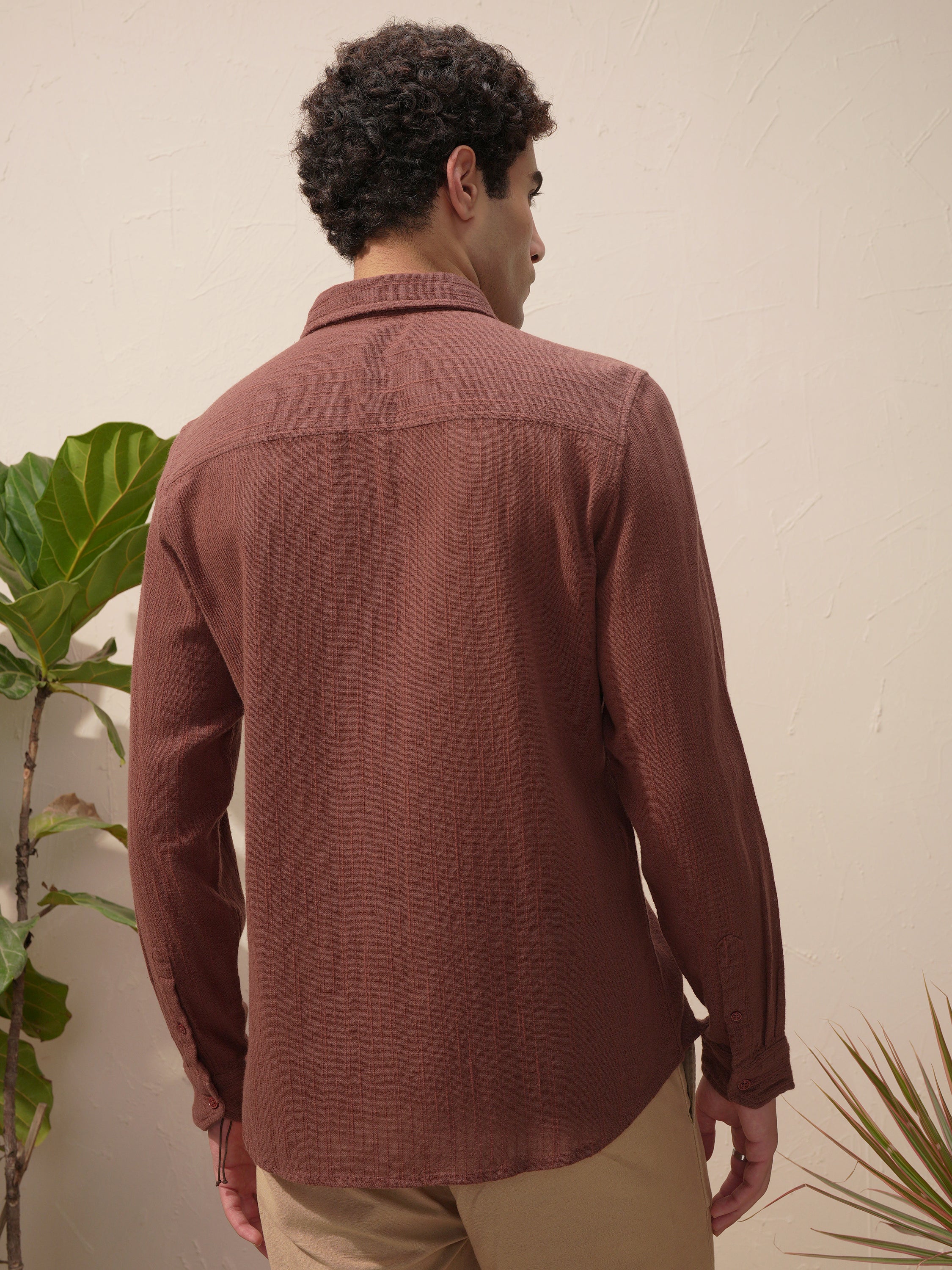 Highlander Men Brown Self Design Slim Fit Casual Shirt - Brown - Image 3