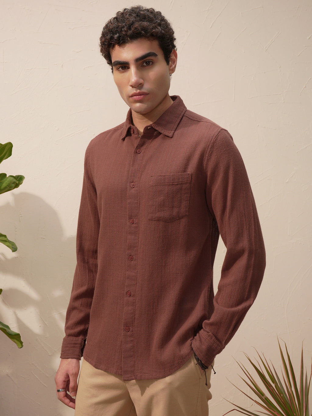 Highlander Men Brown Self Design Slim Fit Casual Shirt - Brown - Image 4