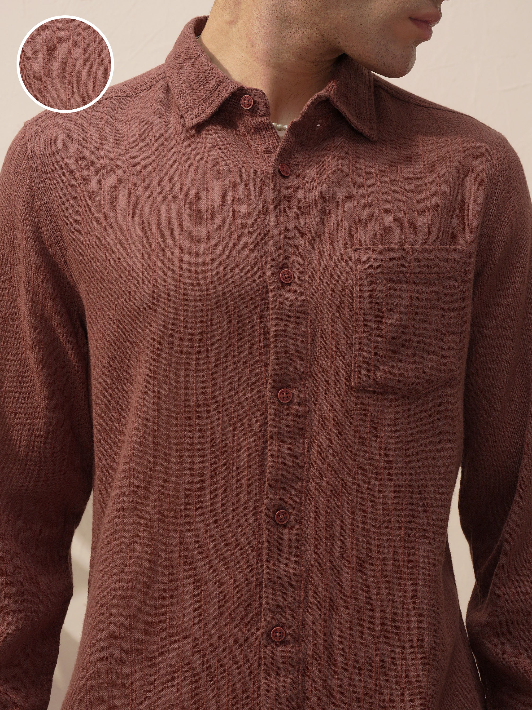 Highlander Men Brown Self Design Slim Fit Casual Shirt - Brown - Image 5