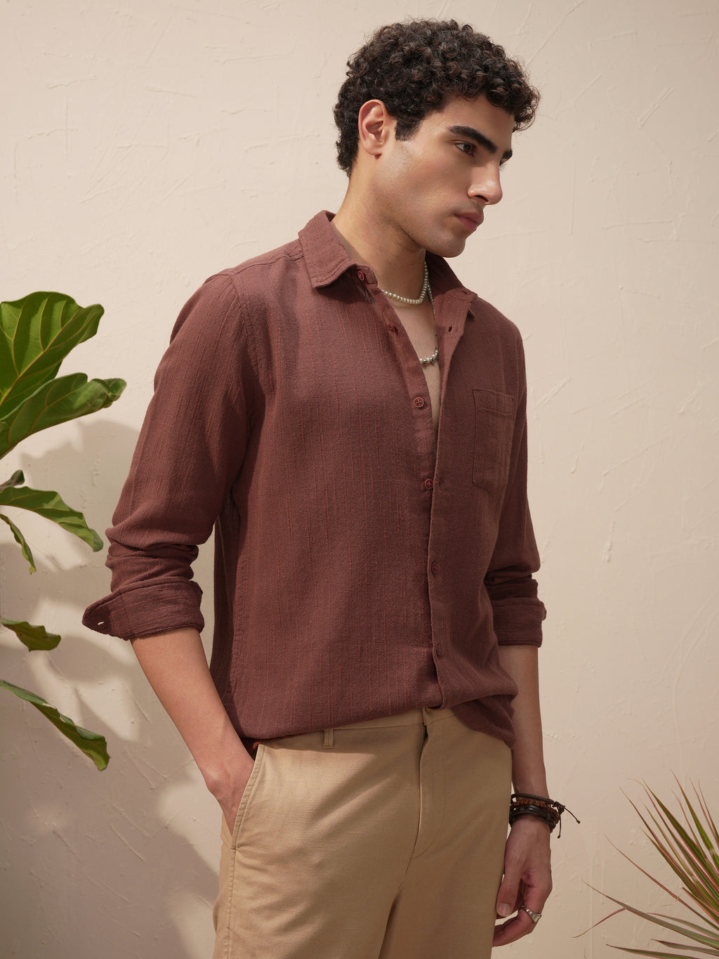 Highlander Men Brown Self Design Slim Fit Casual Shirt - Brown - Image 6