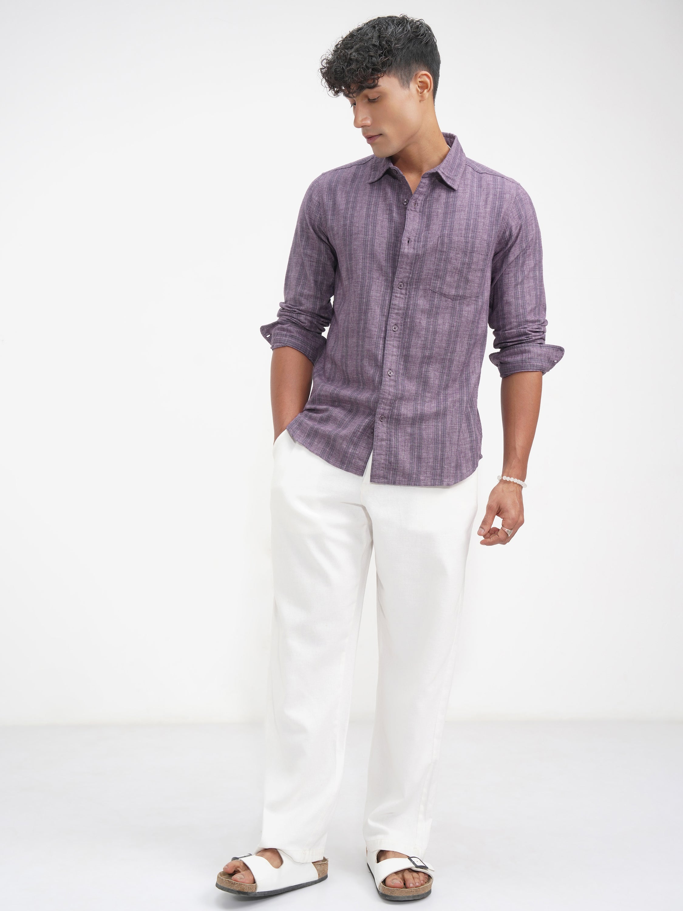 Highlander Men Purple Striped Slim Fit Casual Shirt - Purple - Image 2
