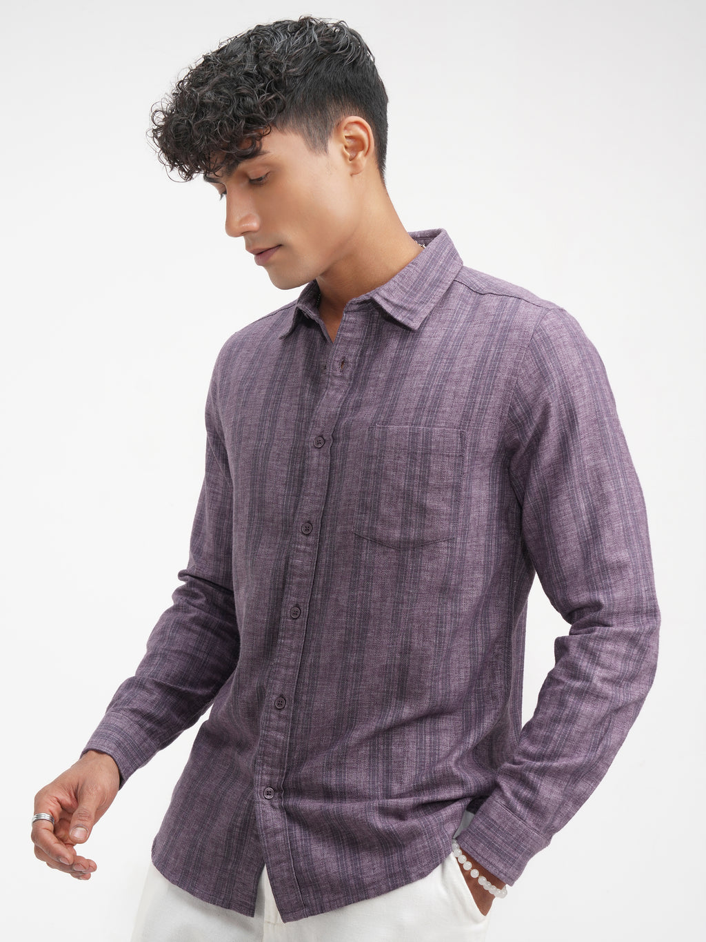 Highlander Men Purple Striped Slim Fit Casual Shirt - Purple - Image 4