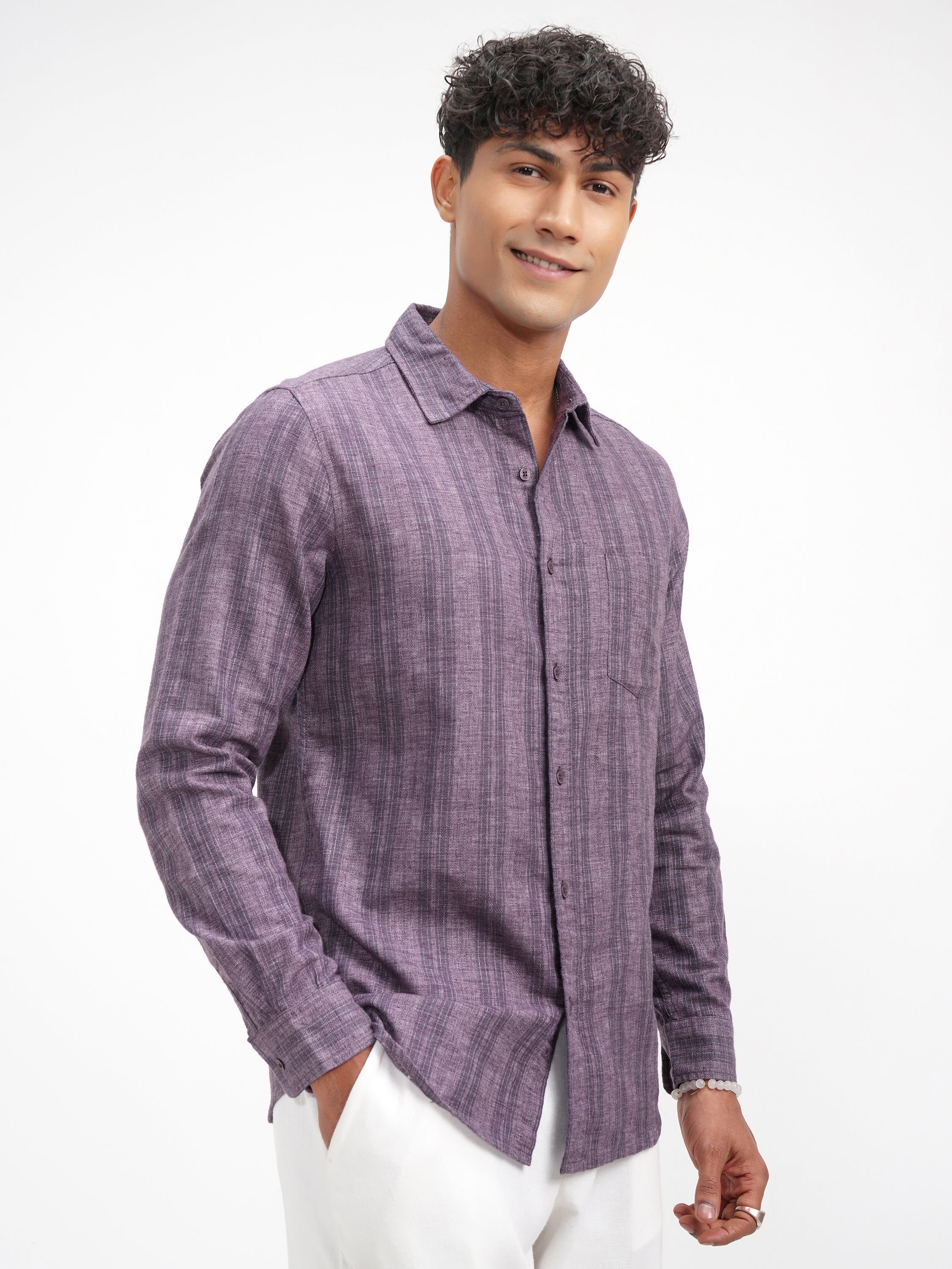 Highlander Men Purple Striped Slim Fit Casual Shirt - Purple - Image 6