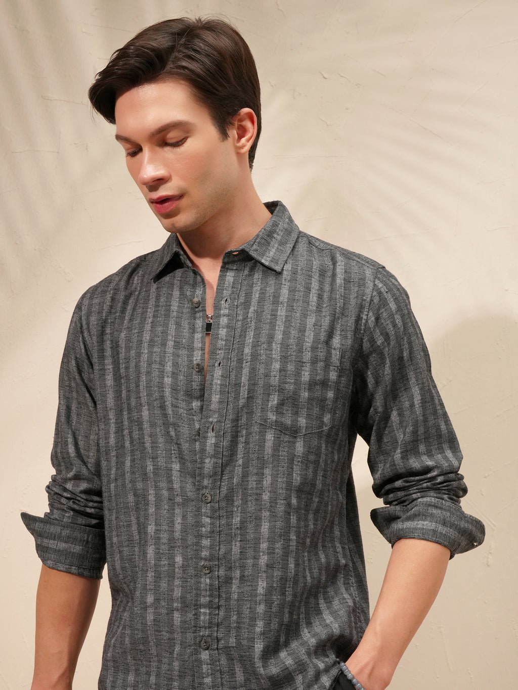 Highlander Men Charcoal Striped Slim Fit Casual Shirt - Charcoal - Image 1