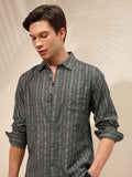 Highlander Men Charcoal Striped Slim Fit Casual Shirt - Charcoal - Image 1