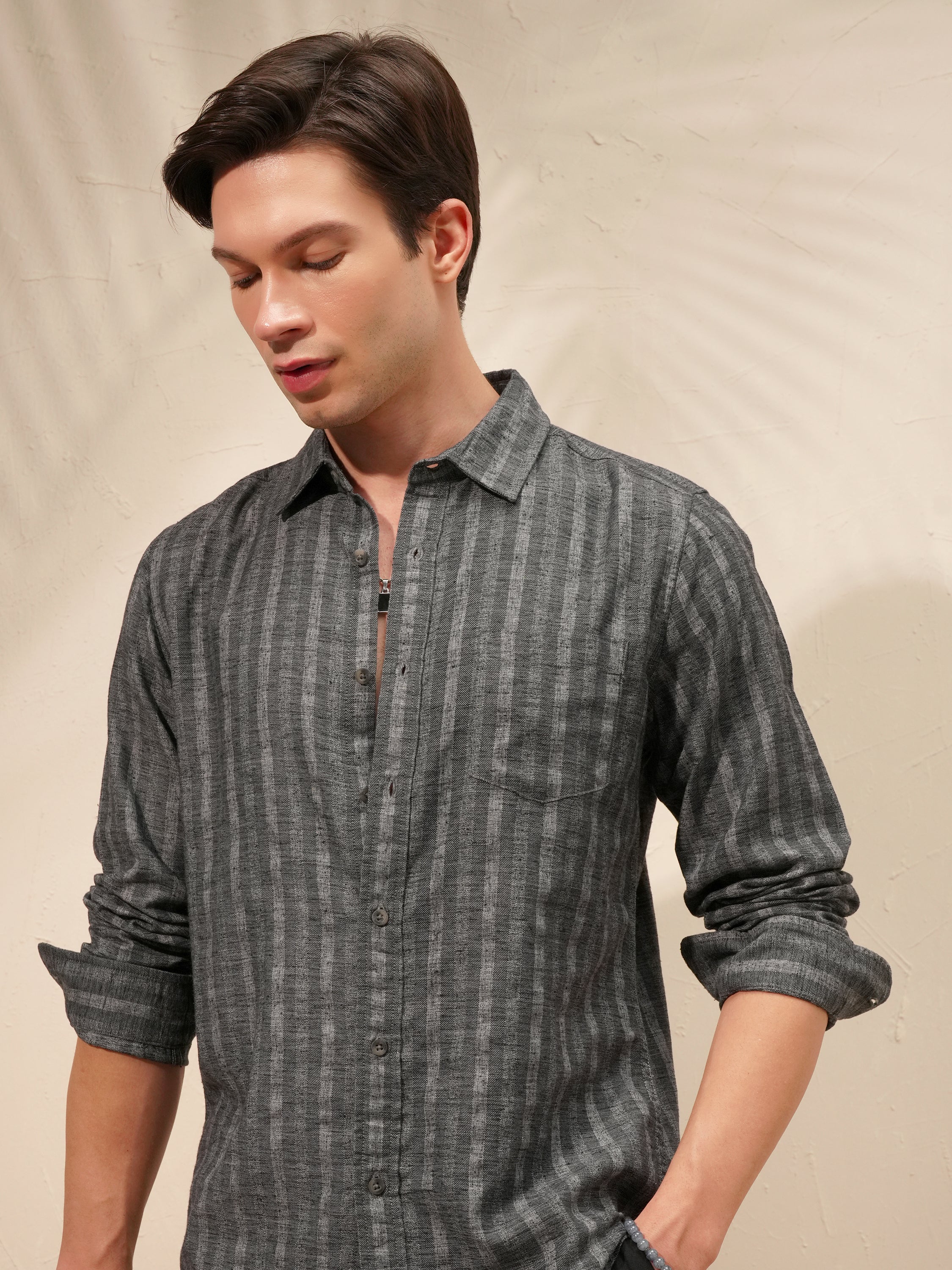 Highlander Men Charcoal Striped Slim Fit Casual Shirt - Charcoal - Image 1