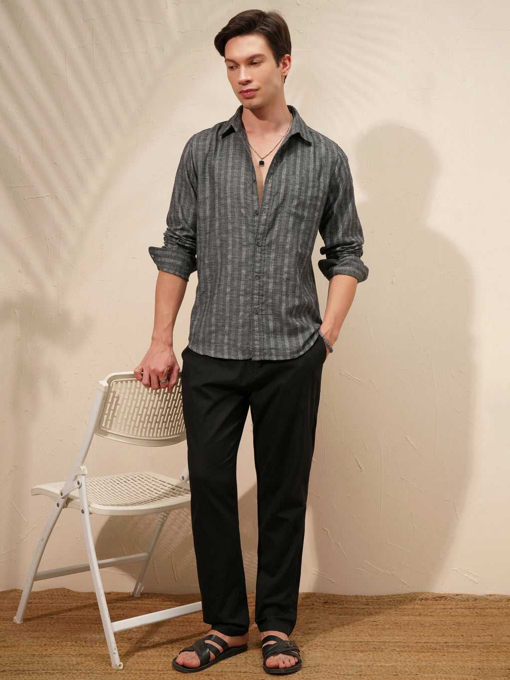 Highlander Men Charcoal Striped Slim Fit Casual Shirt - Charcoal - Image 2