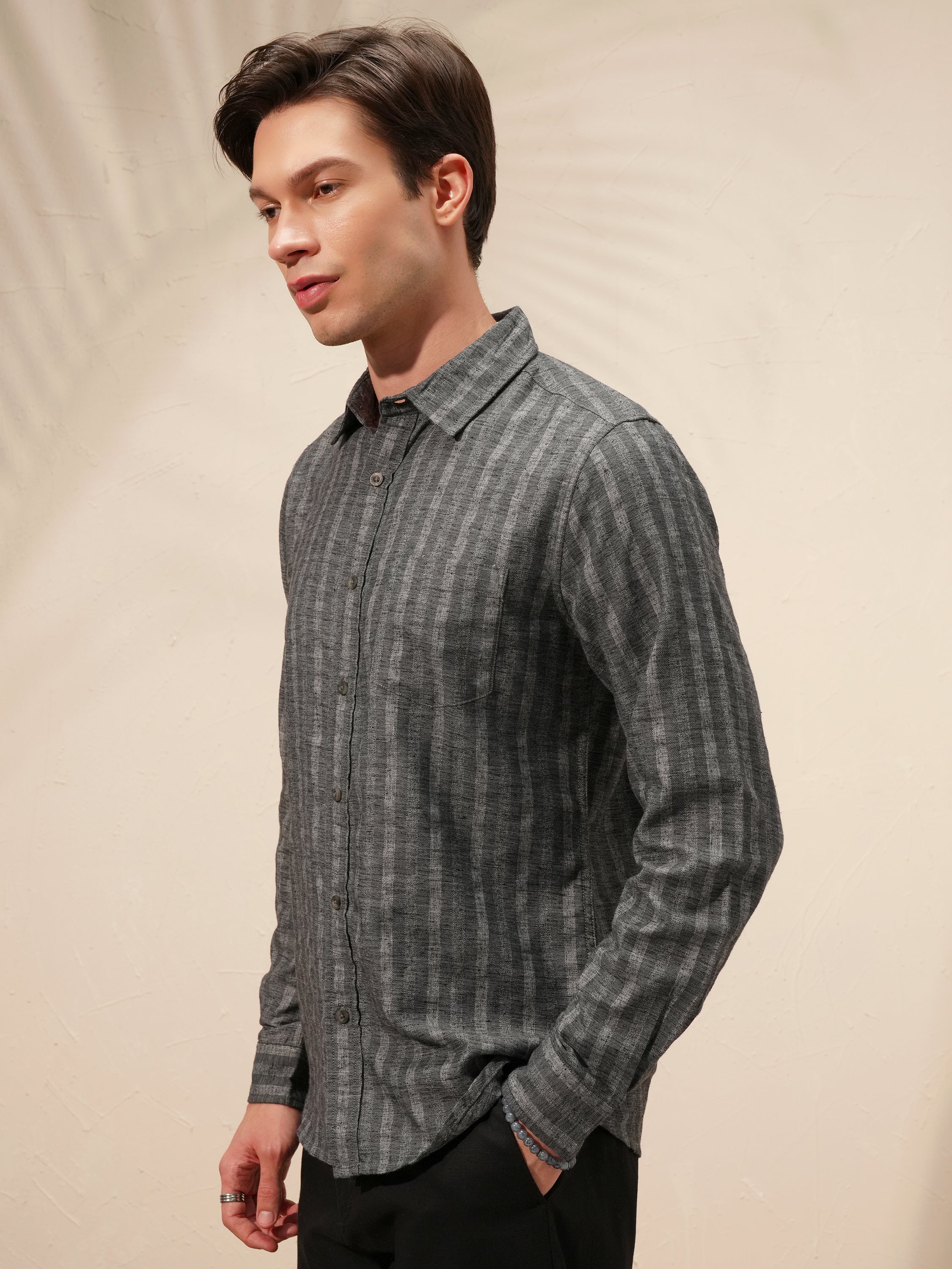 Highlander Men Charcoal Striped Slim Fit Casual Shirt - Charcoal - Image 4