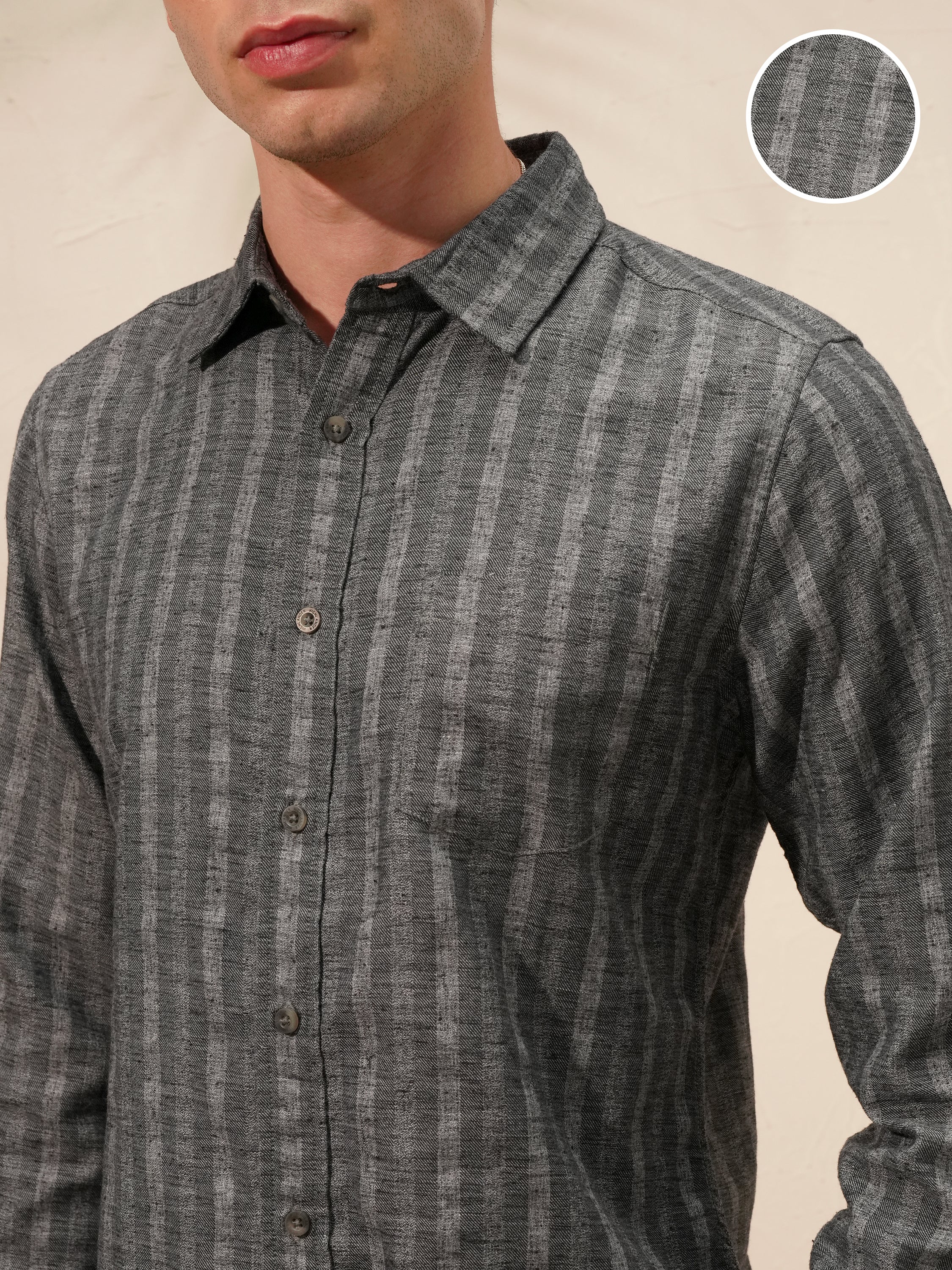 Highlander Men Charcoal Striped Slim Fit Casual Shirt - Charcoal - Image 5