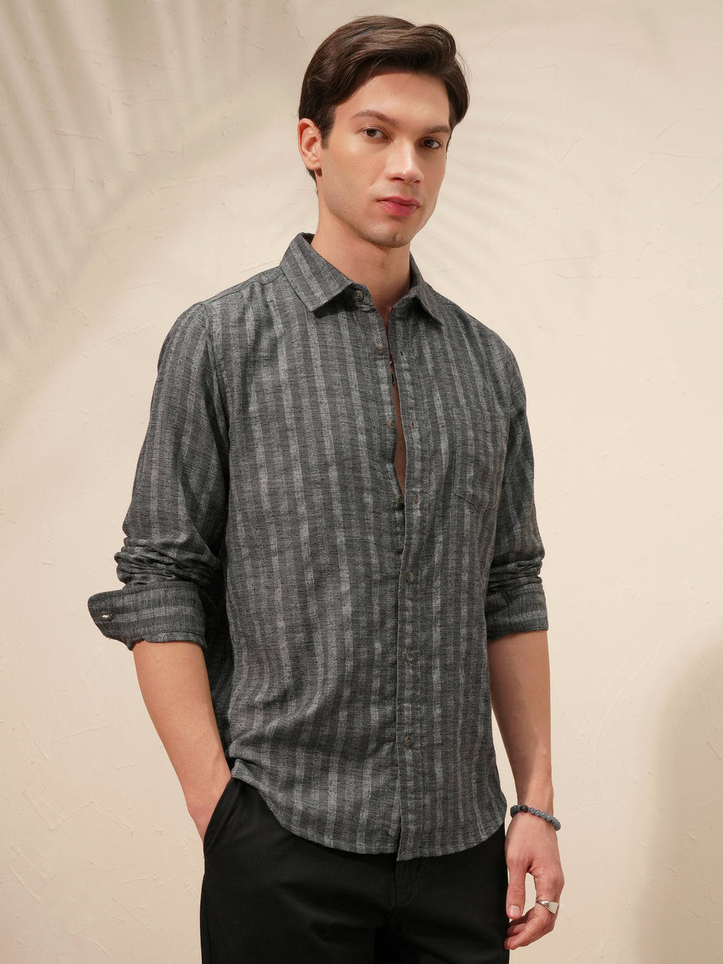 Highlander Men Charcoal Striped Slim Fit Casual Shirt - Charcoal - Image 6