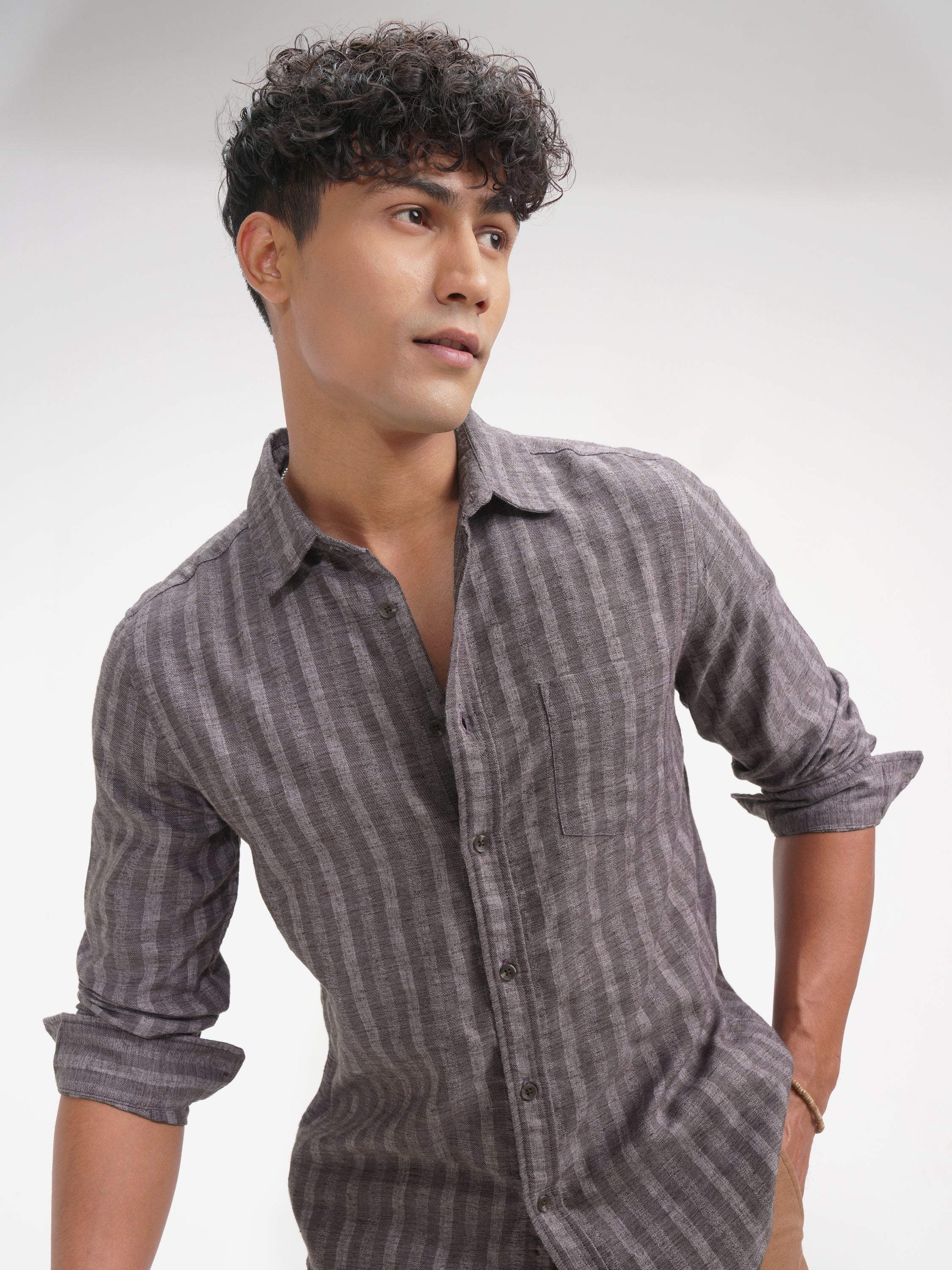 Highlander Men Lavender Striped Slim Fit Casual Shirt - Lavender - Image 1