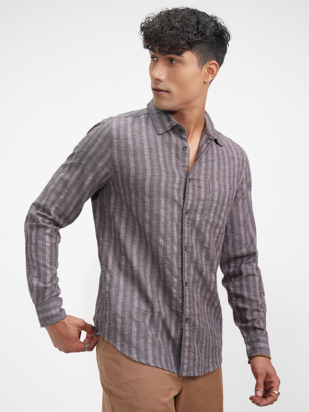 Highlander Men Lavender Striped Slim Fit Casual Shirt - Lavender - Image 6