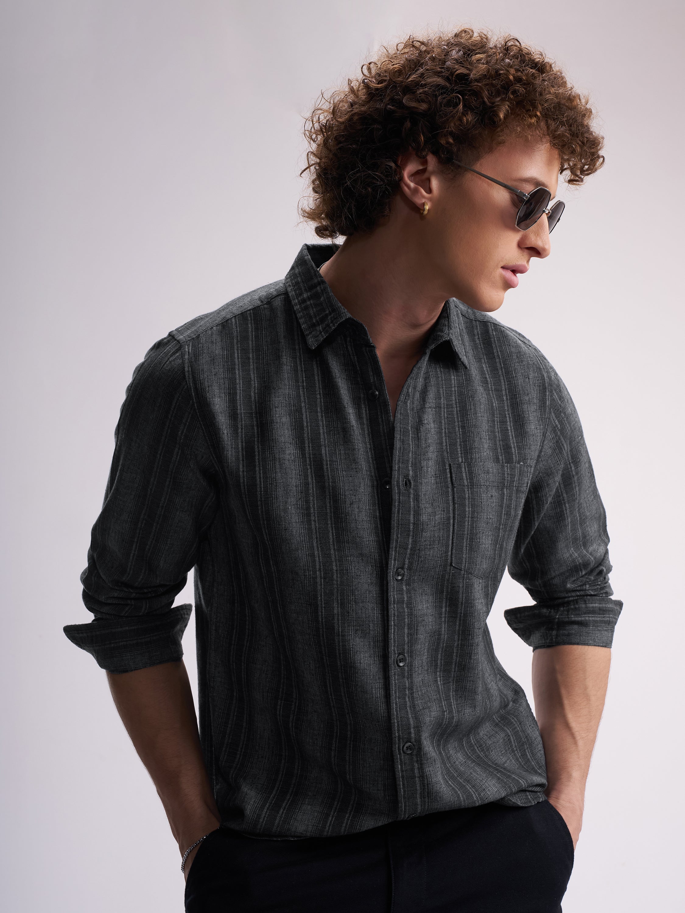 Highlander Men Black Striped Slim Fit Casual Shirt - Black - Image 1