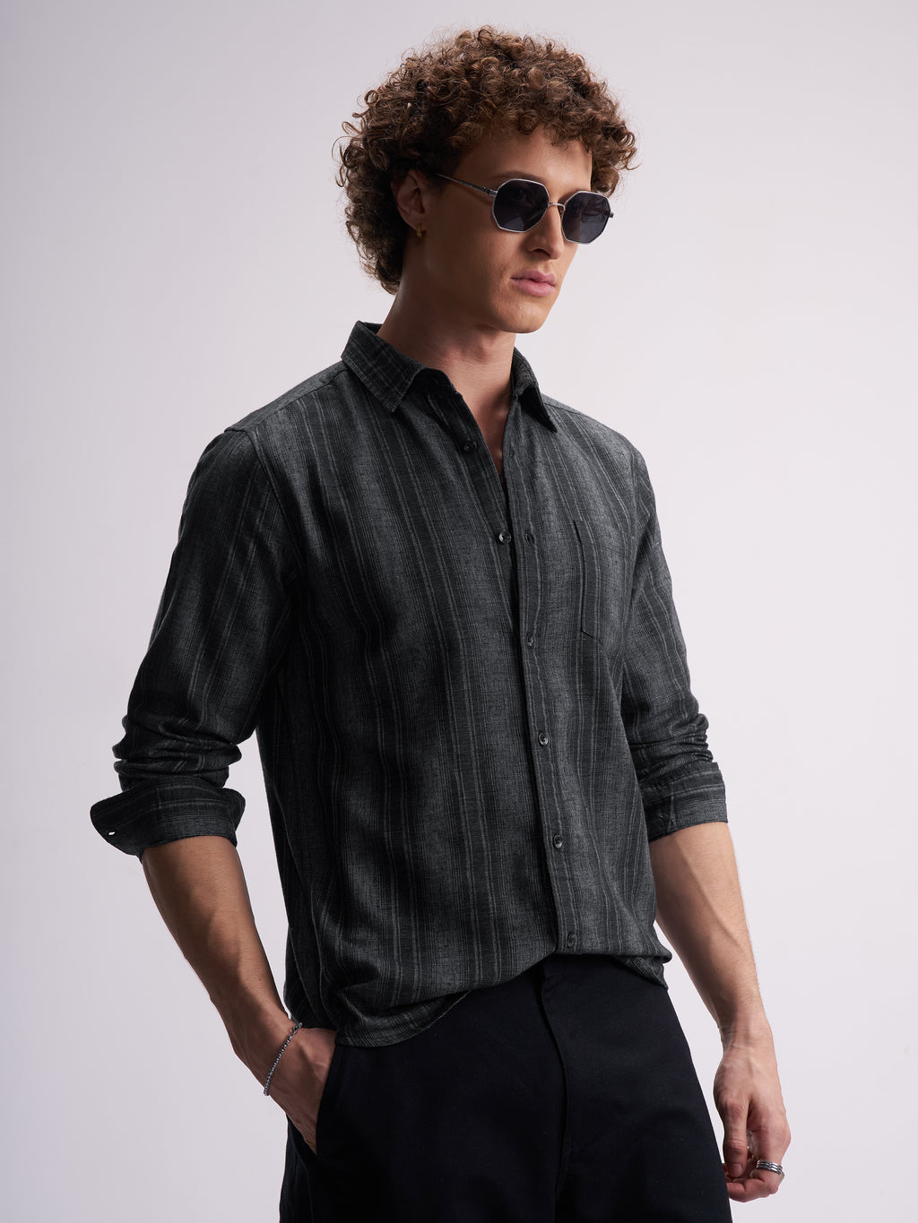 Highlander Men Black Striped Slim Fit Casual Shirt - Black - Image 6