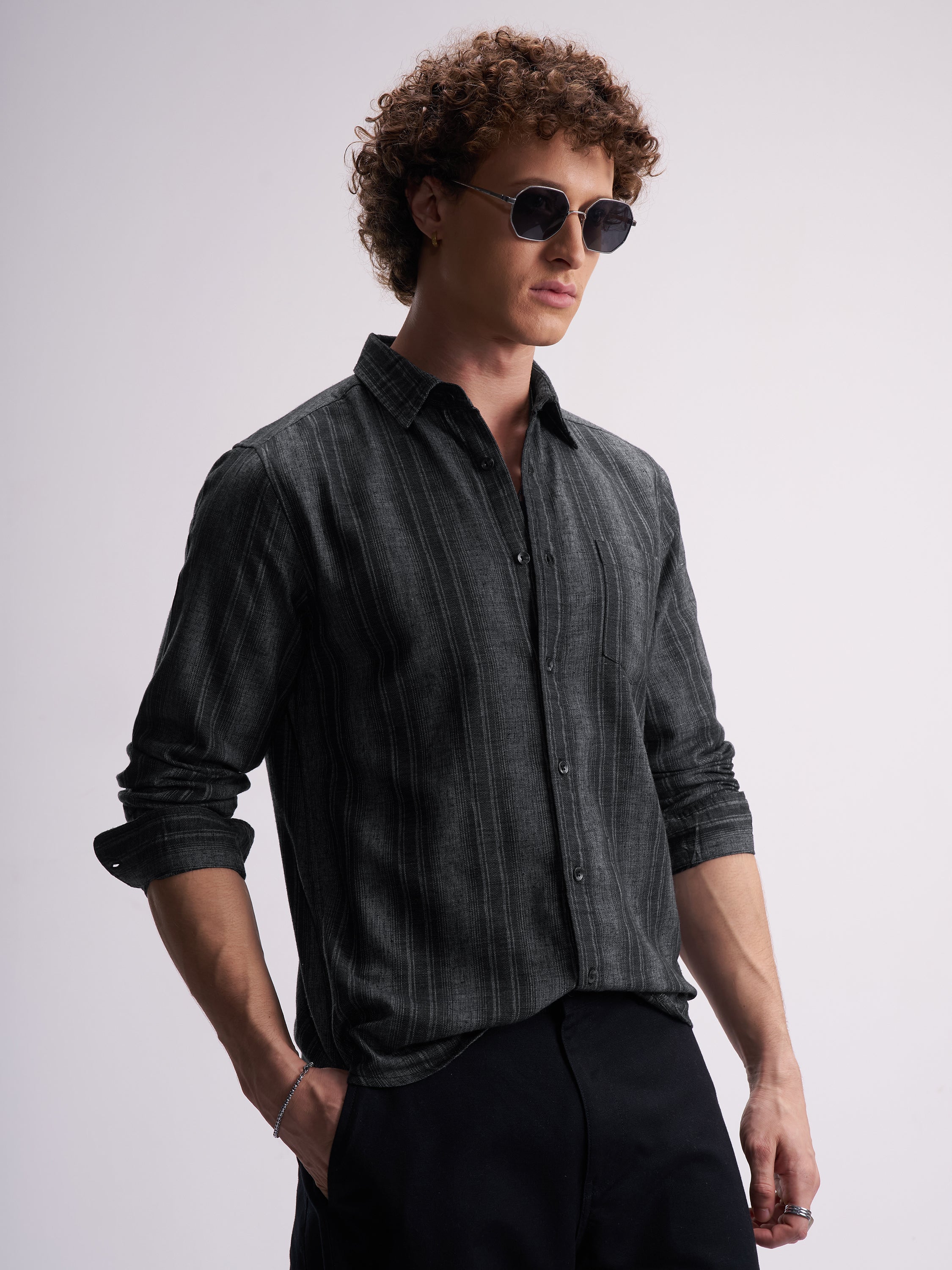 Highlander Men Black Striped Slim Fit Casual Shirt - Black - Image 6