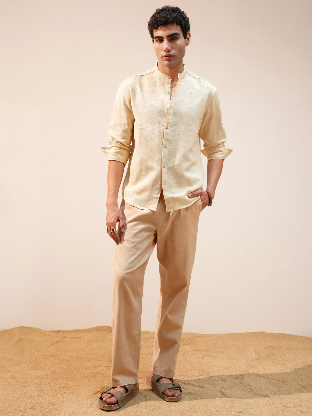 Highlander Men Beige Self Design Relaxed Fit Casual Shirt - Beige - Image 2
