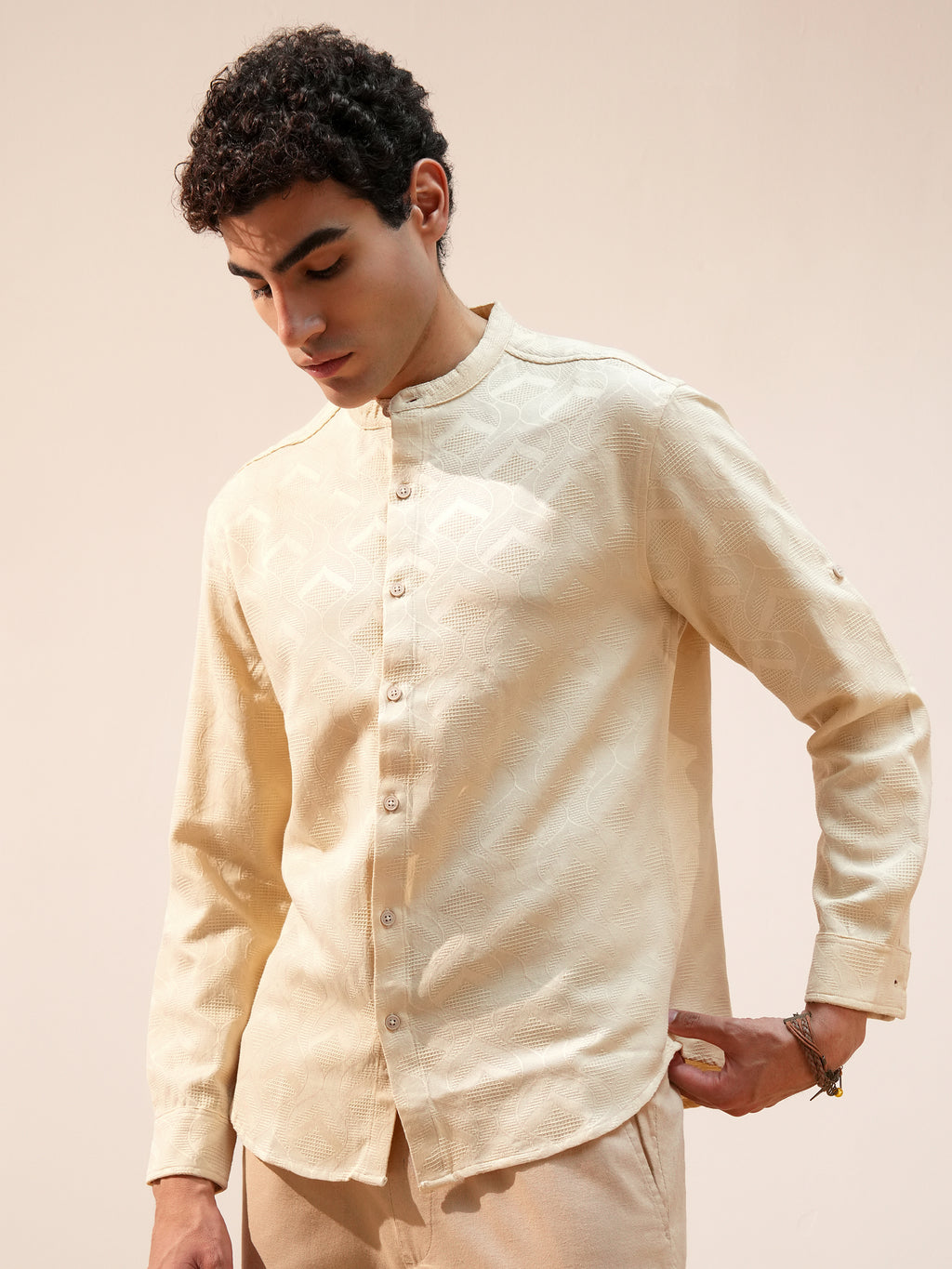 Highlander Men Beige Self Design Relaxed Fit Casual Shirt - Beige - Image 4