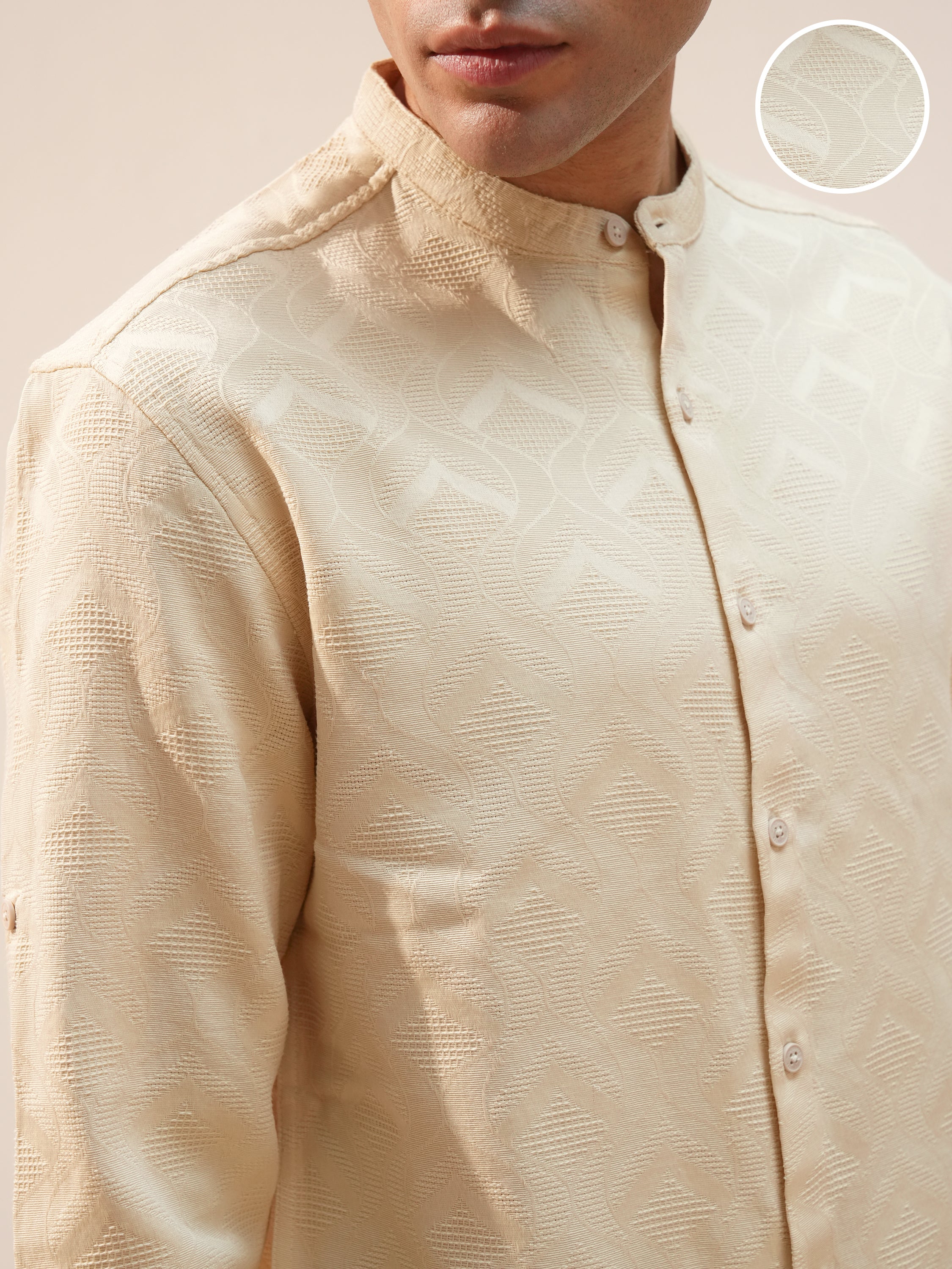 Highlander Men Beige Self Design Relaxed Fit Casual Shirt - Beige - Image 5