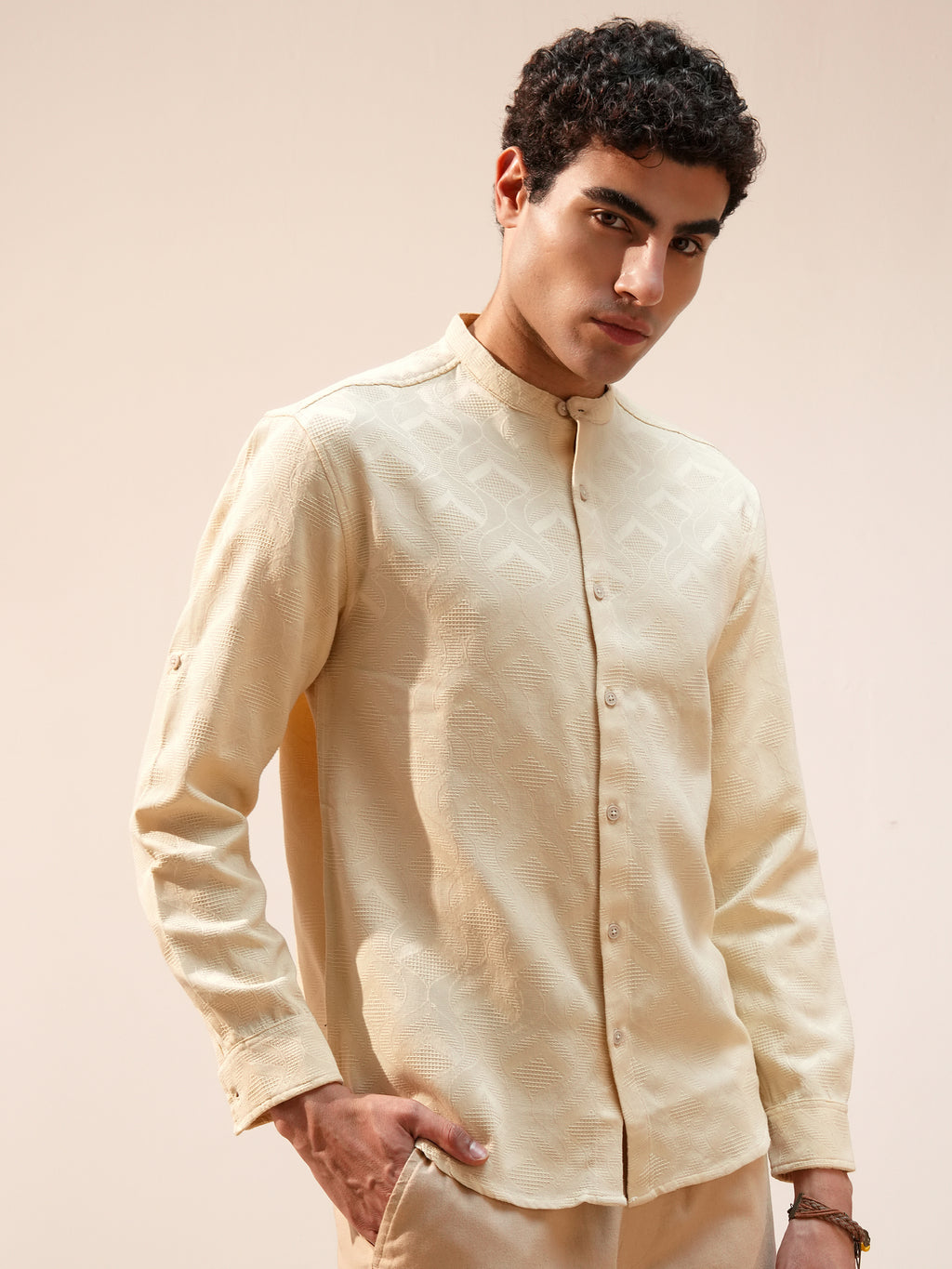 Highlander Men Beige Self Design Relaxed Fit Casual Shirt - Beige - Image 6