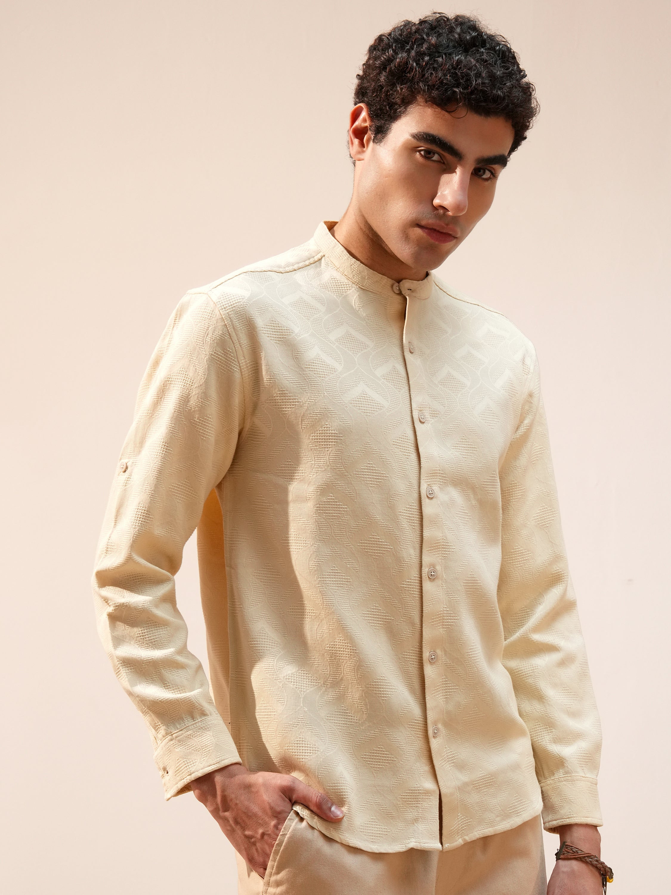 Highlander Men Beige Self Design Relaxed Fit Casual Shirt - Beige - Image 6