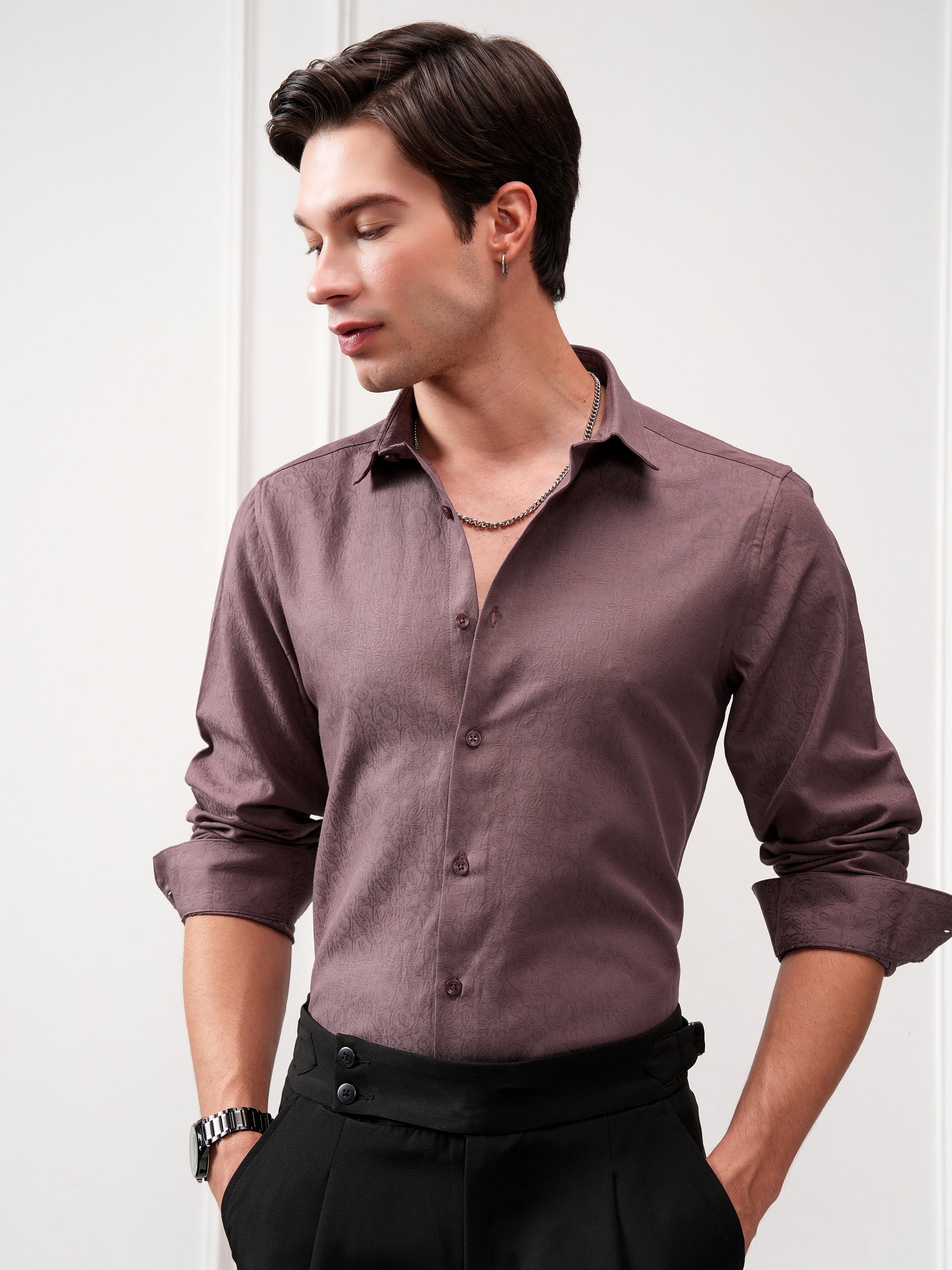 Highlander Men Purple Self Design Slim Fit Casual Shirt - Purple - Image 1