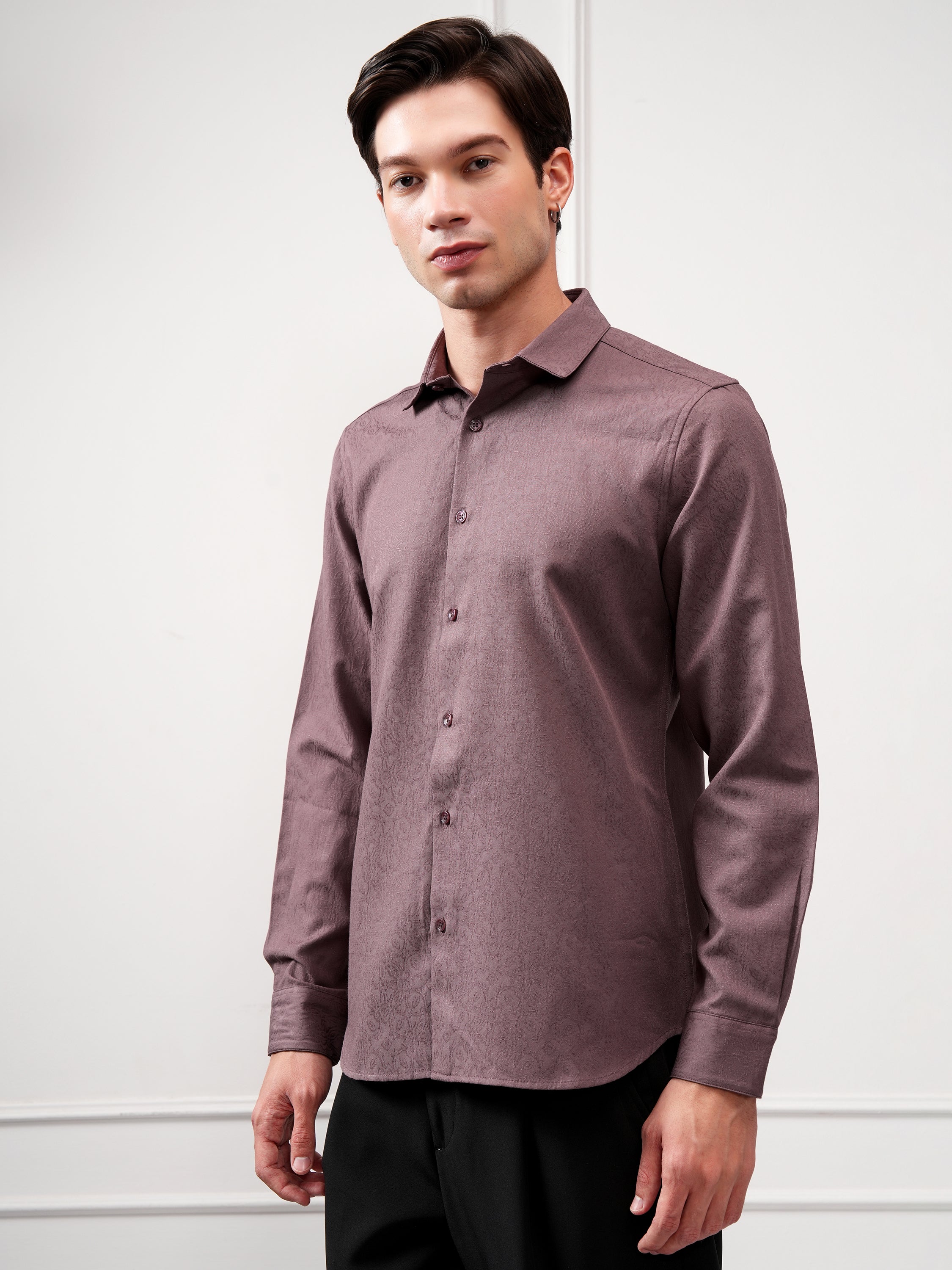 Highlander Men Purple Self Design Slim Fit Casual Shirt - Purple - Image 4