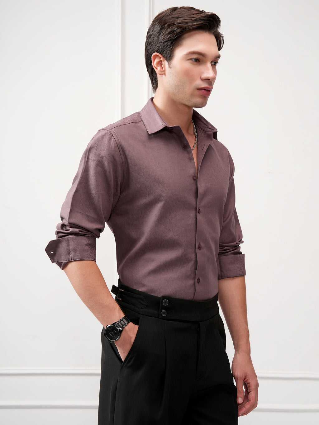 Highlander Men Purple Self Design Slim Fit Casual Shirt - Purple - Image 6