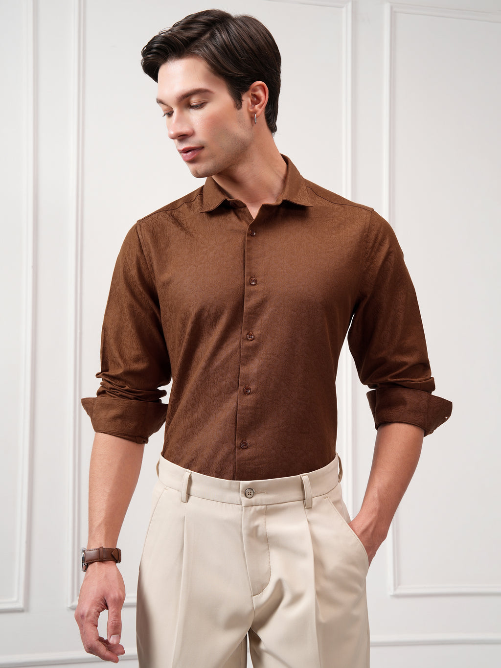 Highlander Men Brown Self Design Slim Fit Casual Shirt - Brown - Image 1
