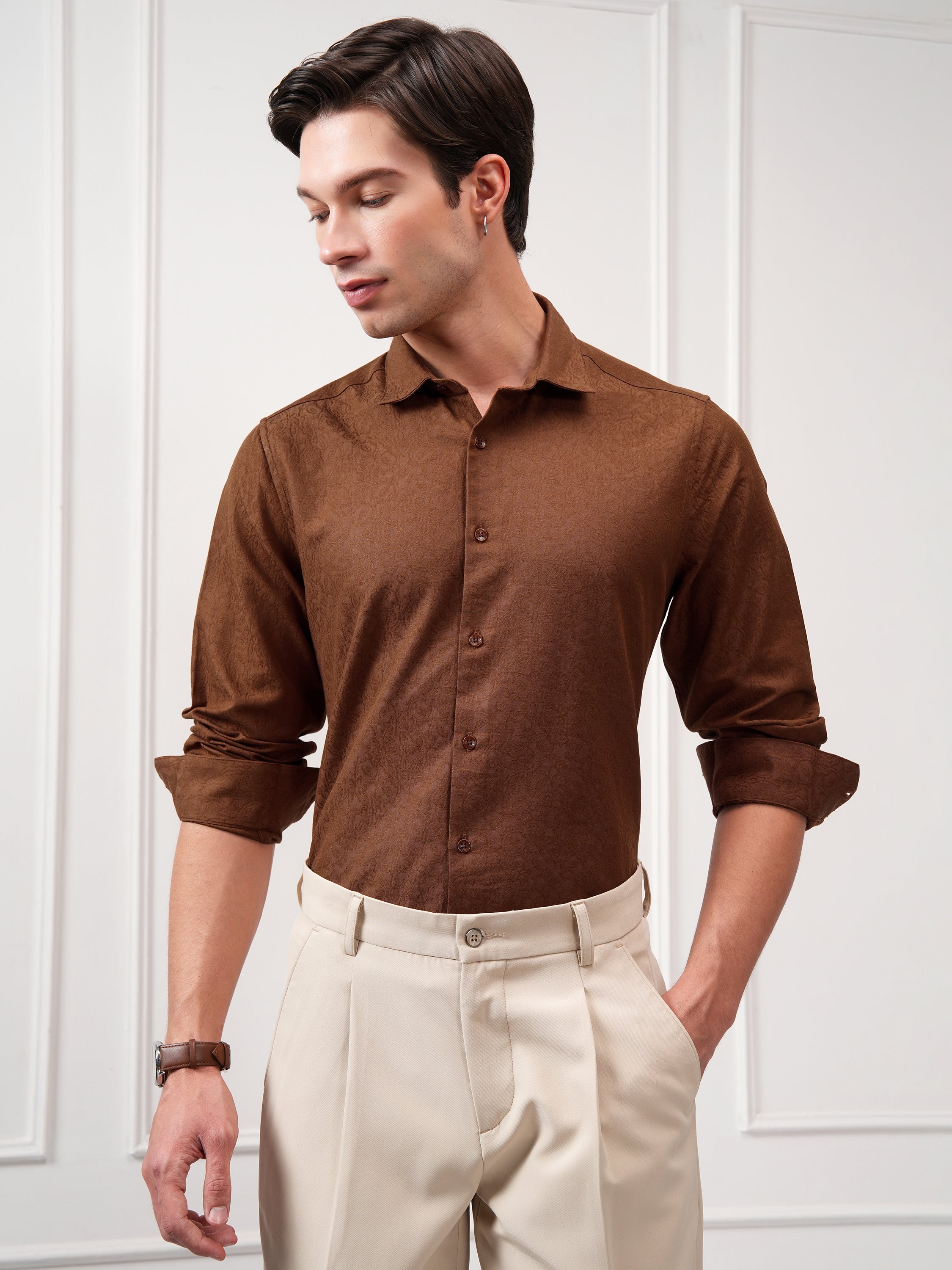 Highlander Men Brown Self Design Slim Fit Casual Shirt - Brown - Image 1