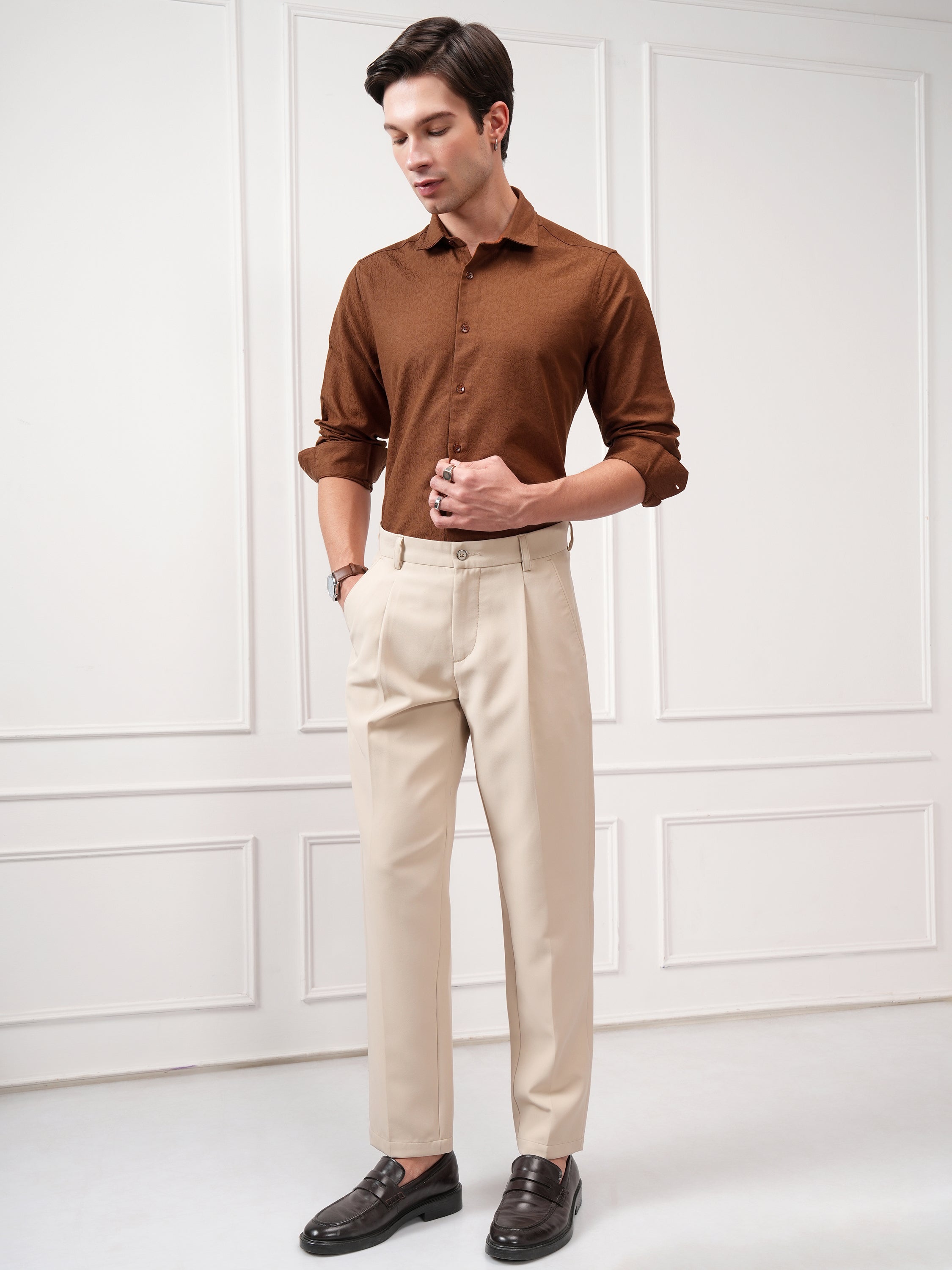 Highlander Men Brown Self Design Slim Fit Casual Shirt - Brown - Image 2
