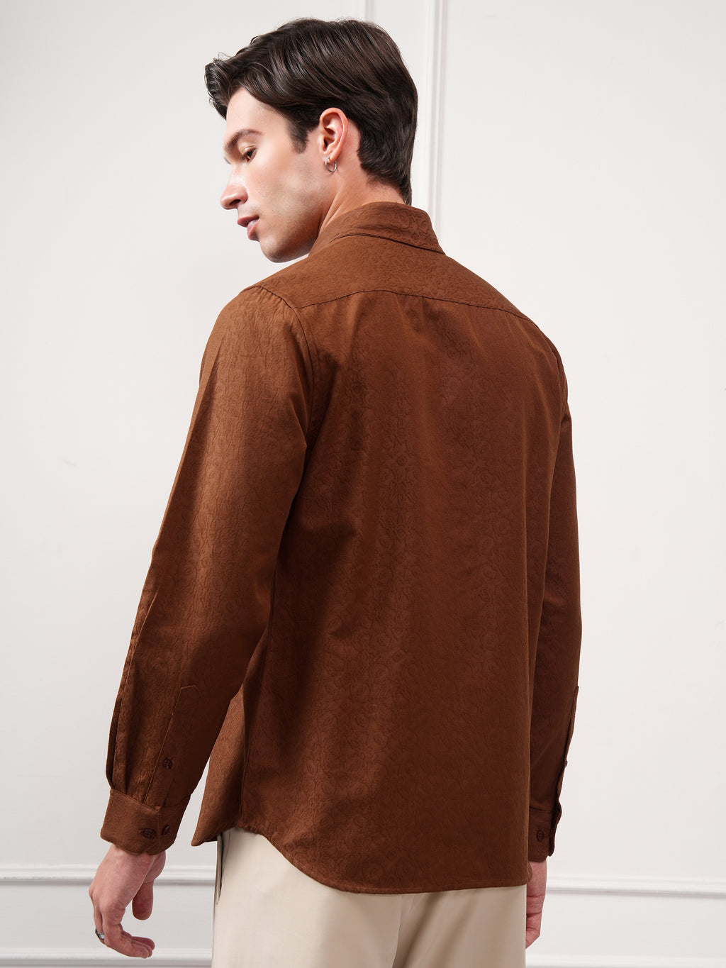 Highlander Men Brown Self Design Slim Fit Casual Shirt - Brown - Image 3