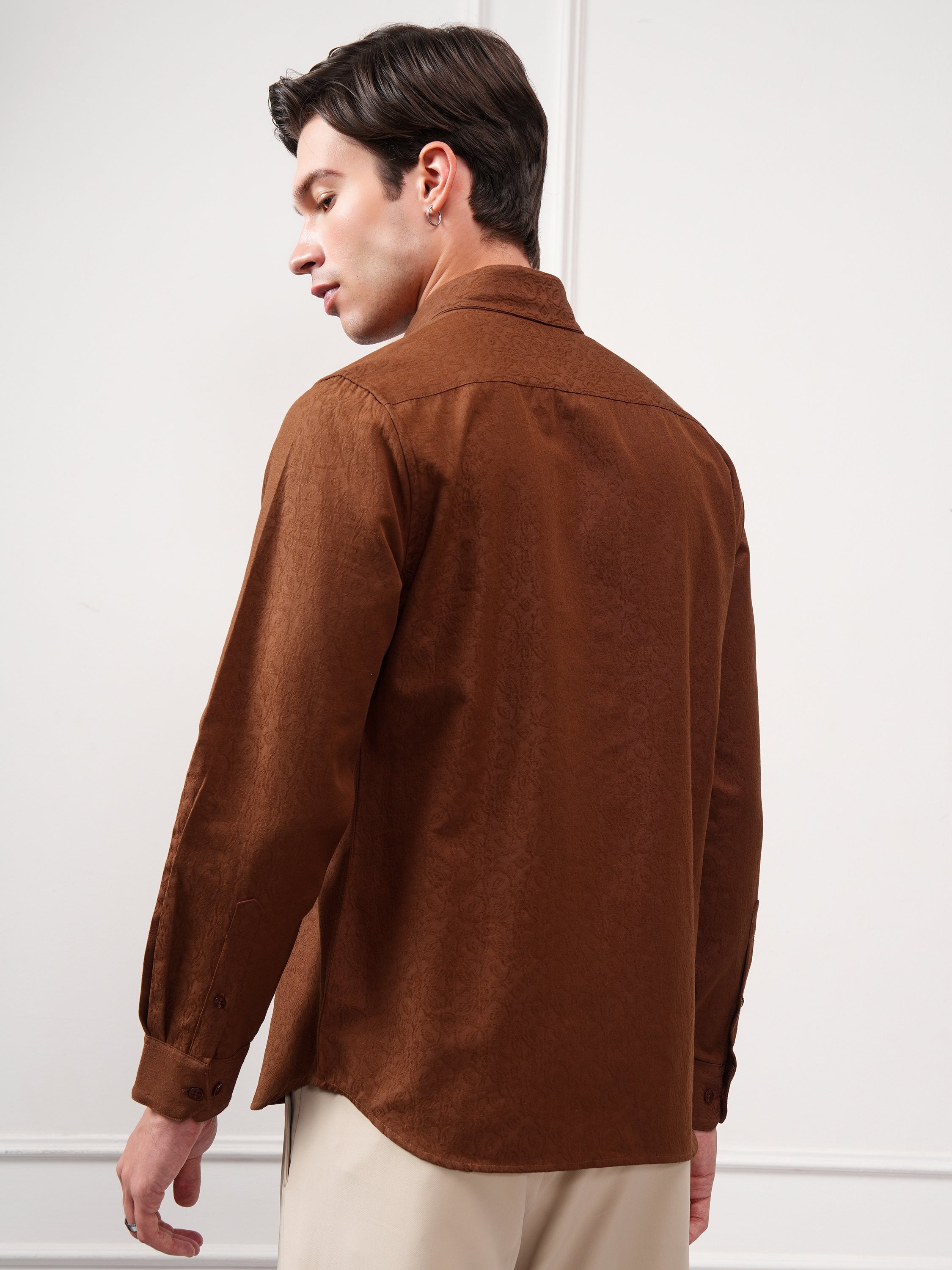 Highlander Men Brown Self Design Slim Fit Casual Shirt - Brown - Image 3