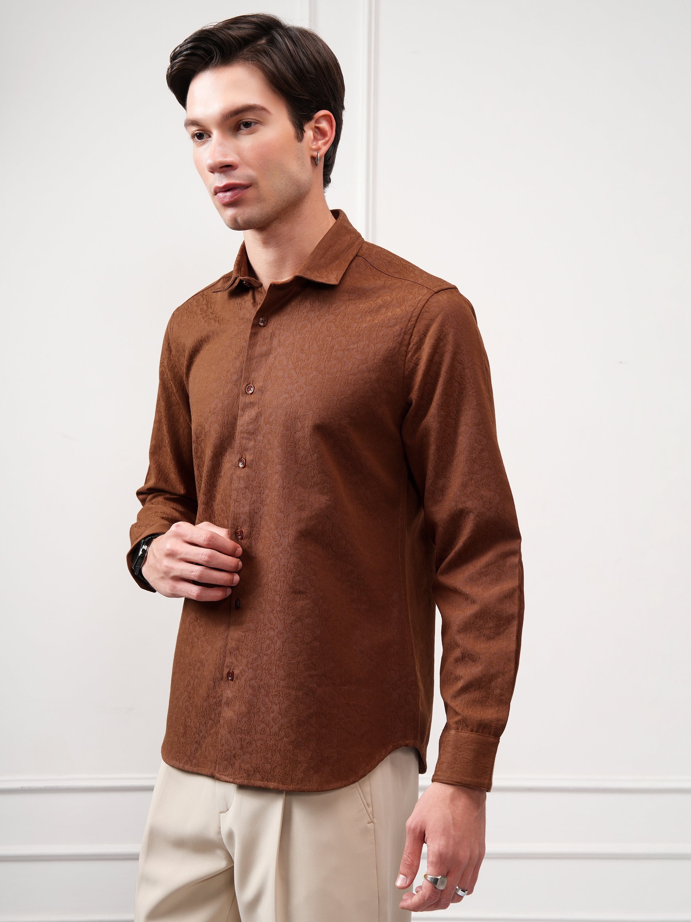 Highlander Men Brown Self Design Slim Fit Casual Shirt - Brown - Image 4
