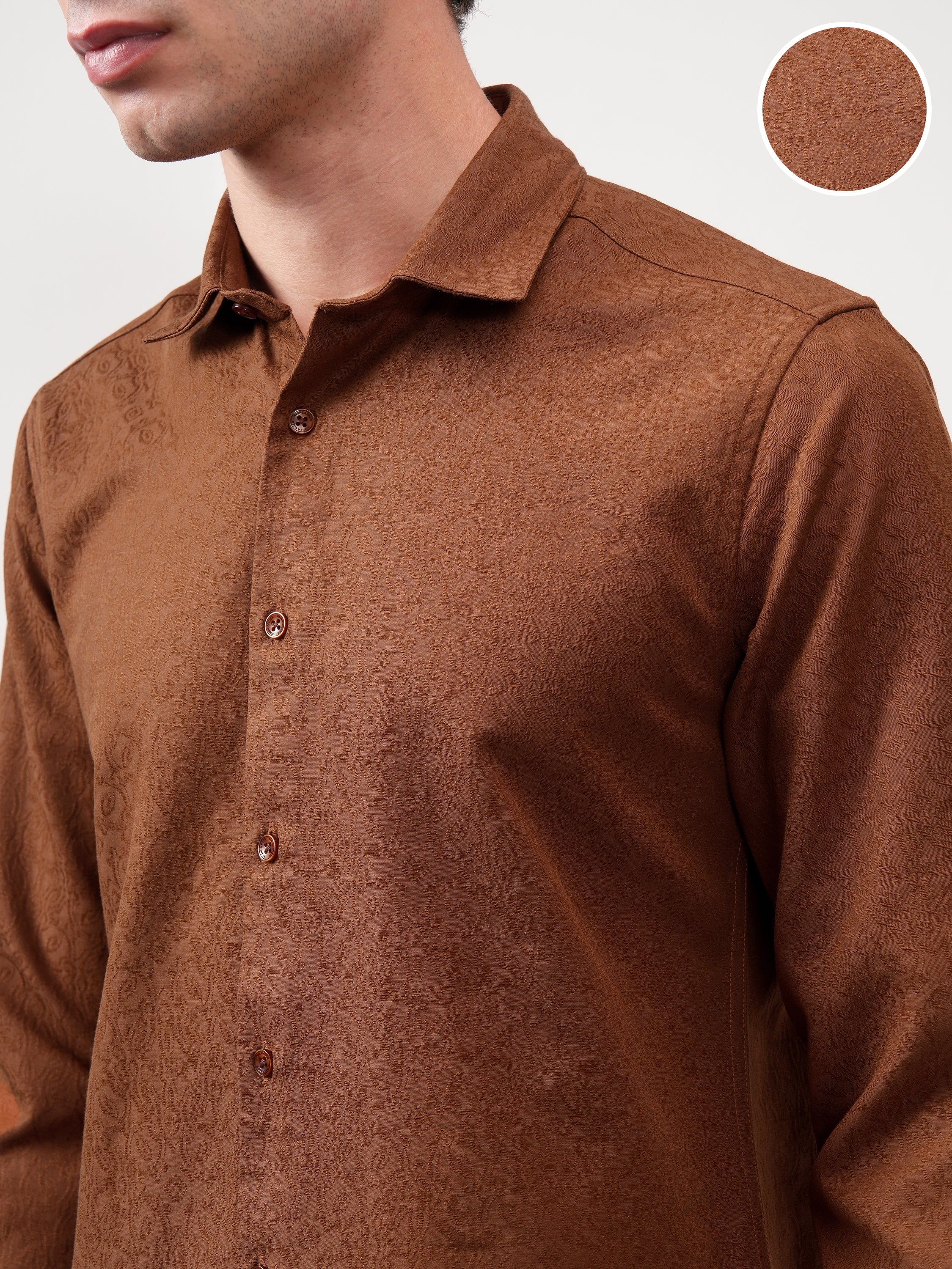 Highlander Men Brown Self Design Slim Fit Casual Shirt - Brown - Image 5
