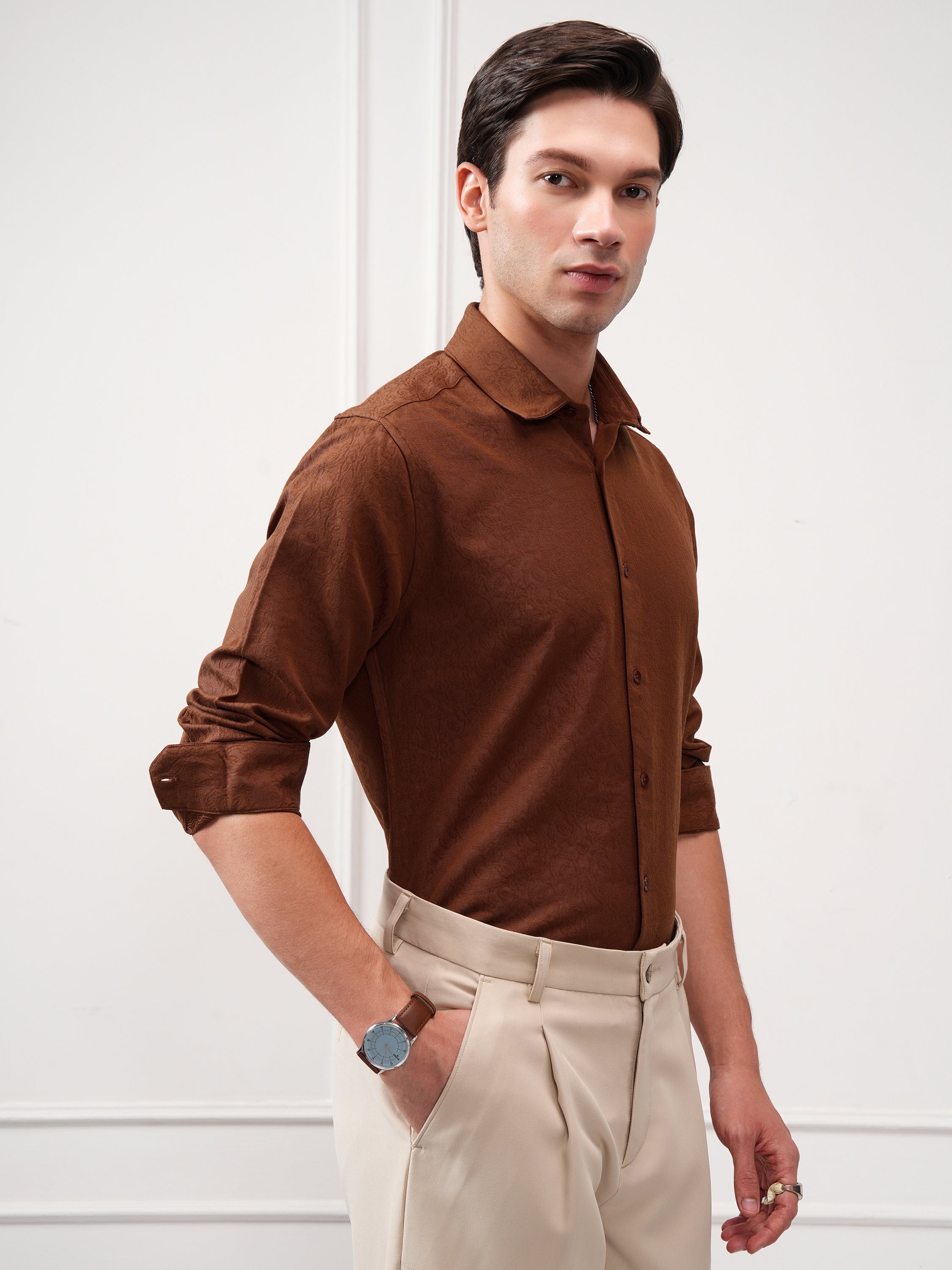 Highlander Men Brown Self Design Slim Fit Casual Shirt - Brown - Image 6