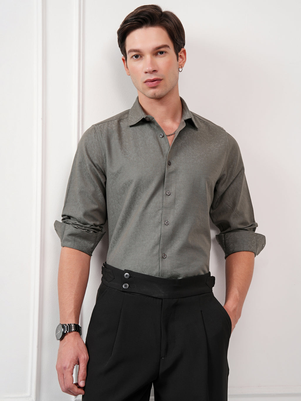 Highlander Men Grey Self Design Slim Fit Casual Shirt - Grey - Image 1