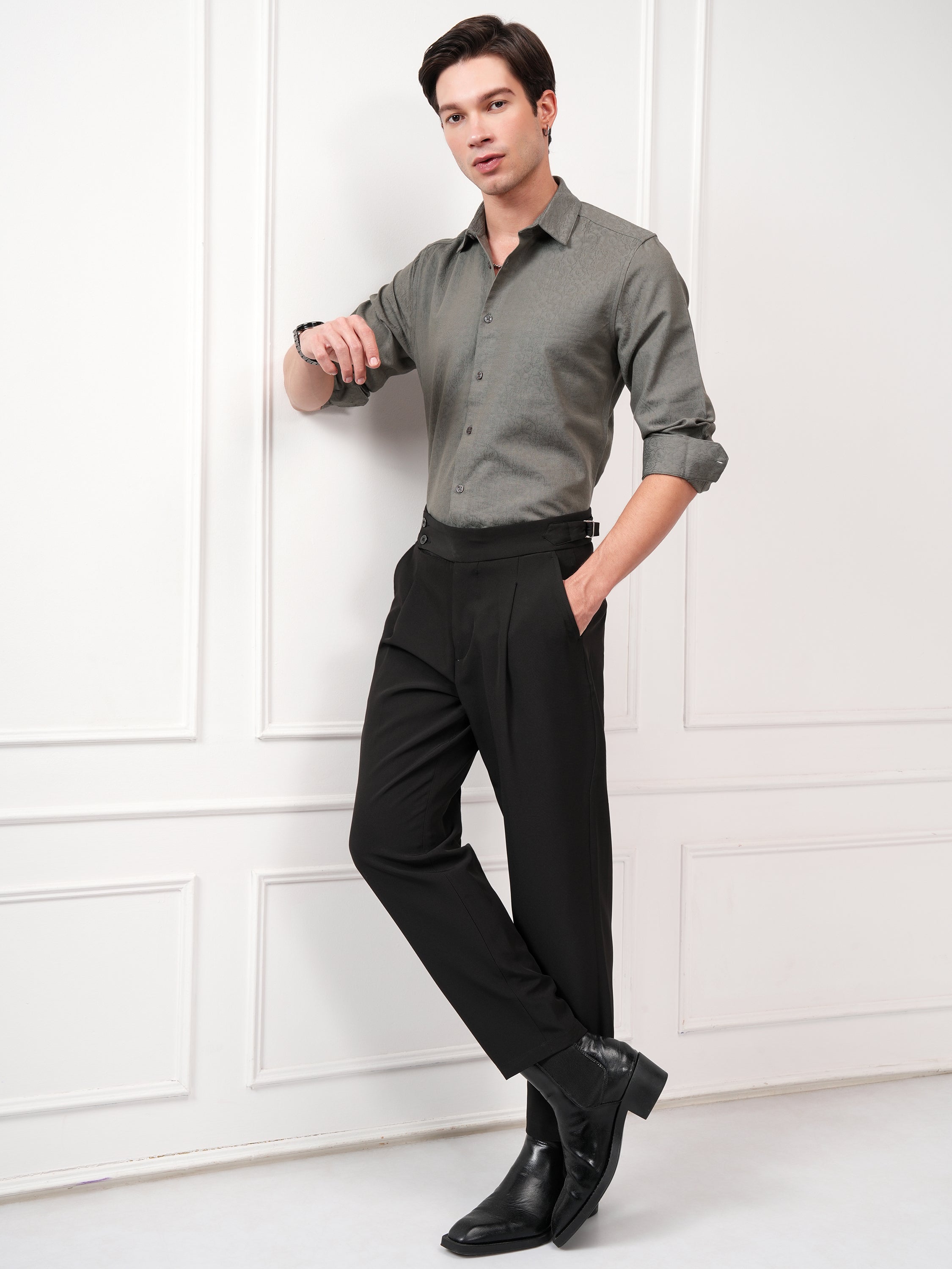 Highlander Men Grey Self Design Slim Fit Casual Shirt - Grey - Image 2