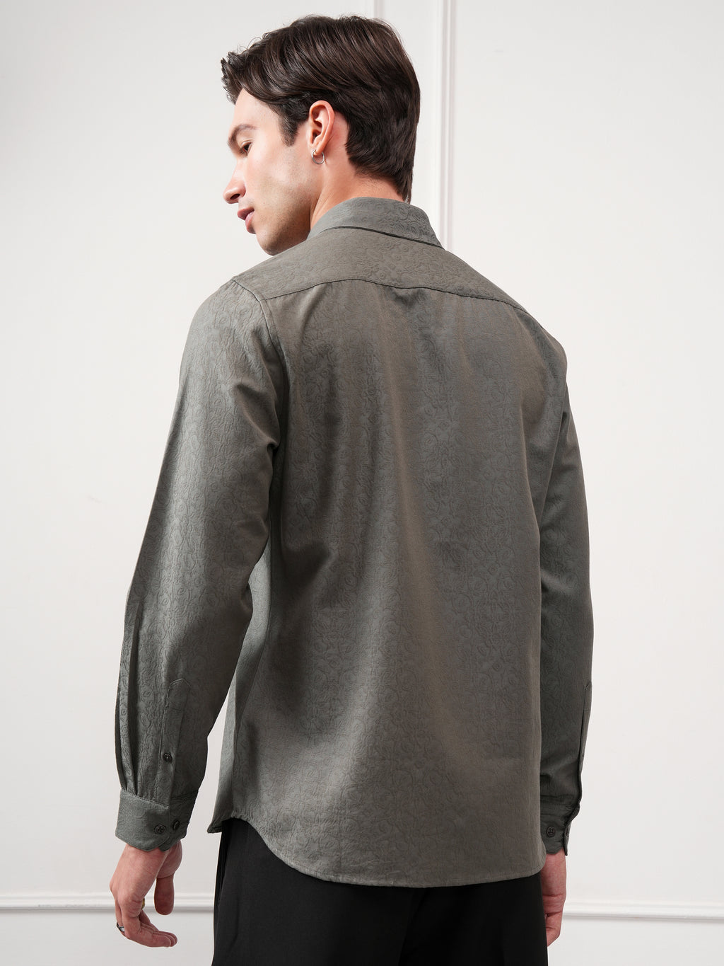 Highlander Men Grey Self Design Slim Fit Casual Shirt - Grey - Image 3