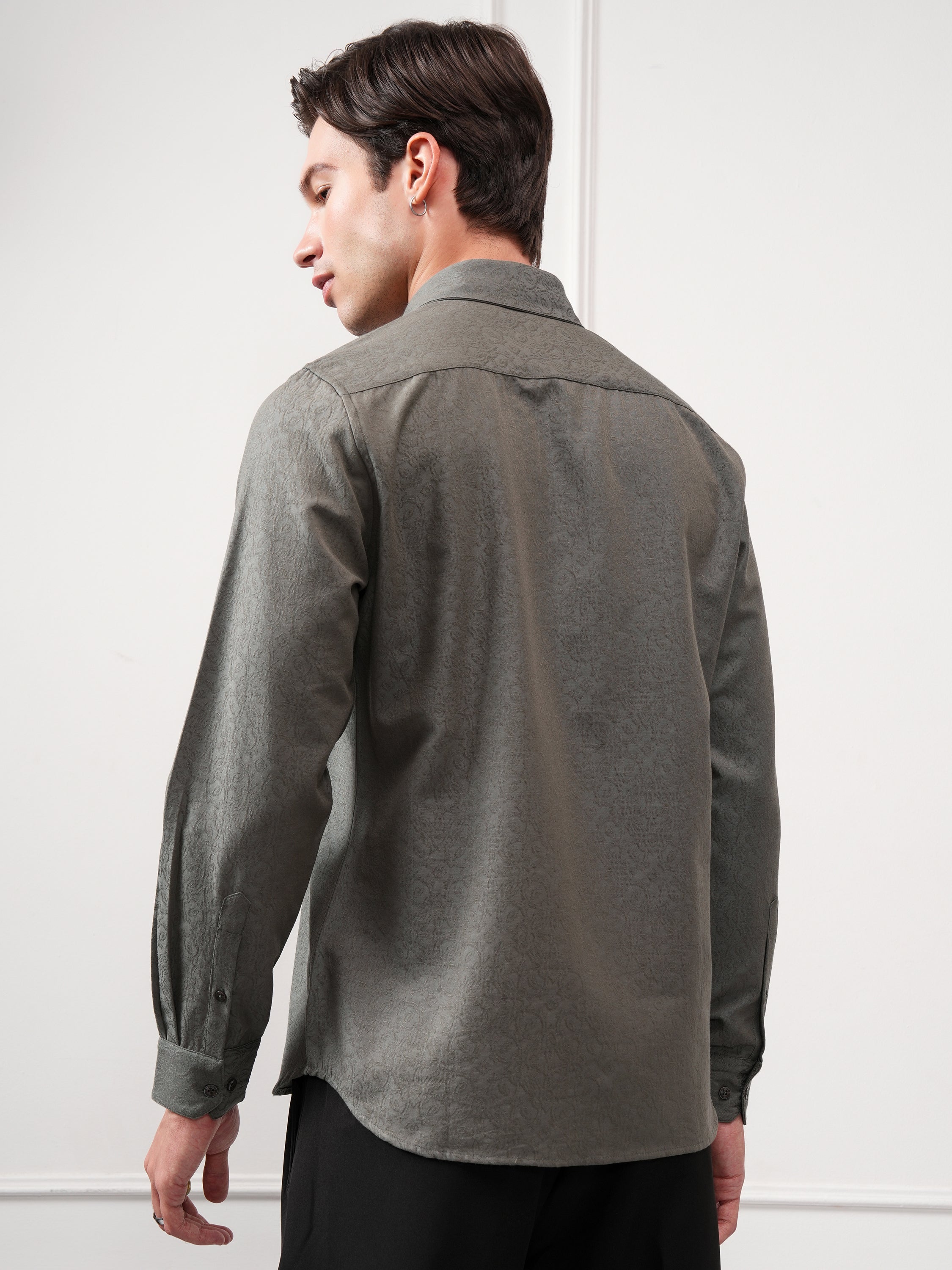 Highlander Men Grey Self Design Slim Fit Casual Shirt - Grey - Image 3