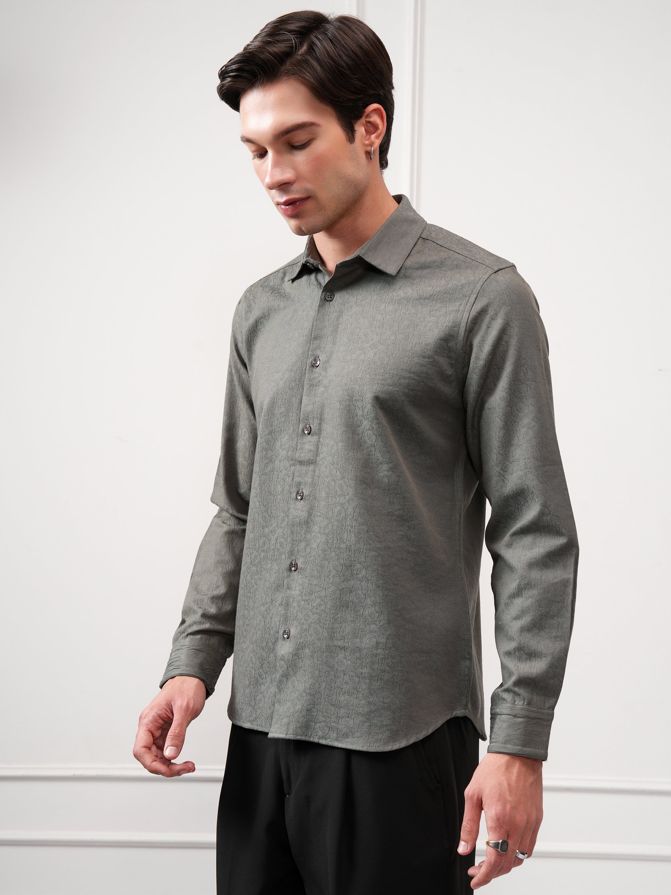 Highlander Men Grey Self Design Slim Fit Casual Shirt - Grey - Image 4