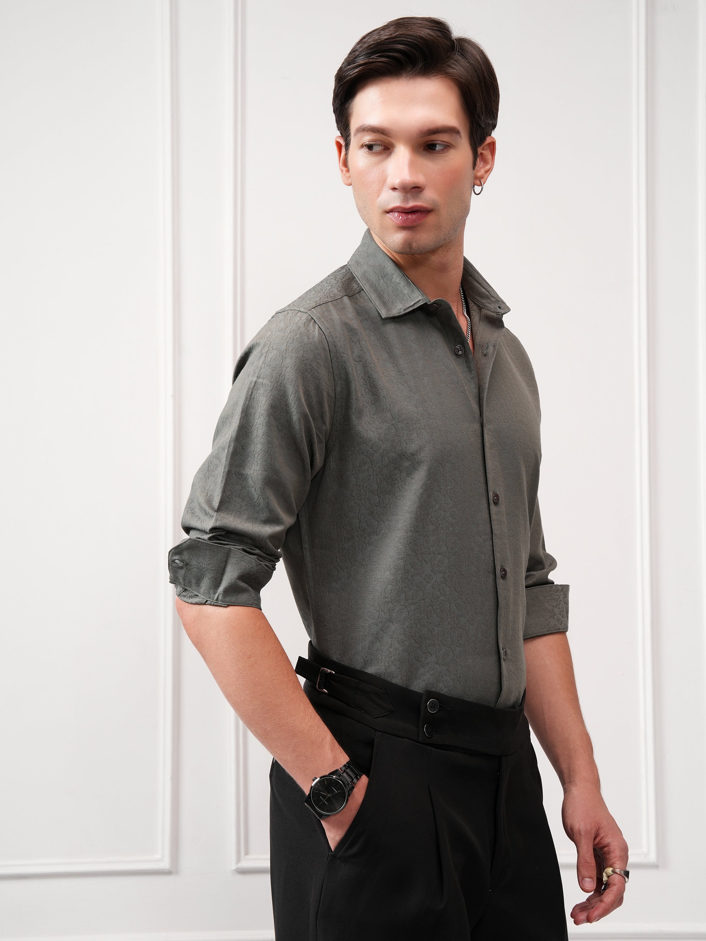 Highlander Men Grey Self Design Slim Fit Casual Shirt - Grey - Image 6